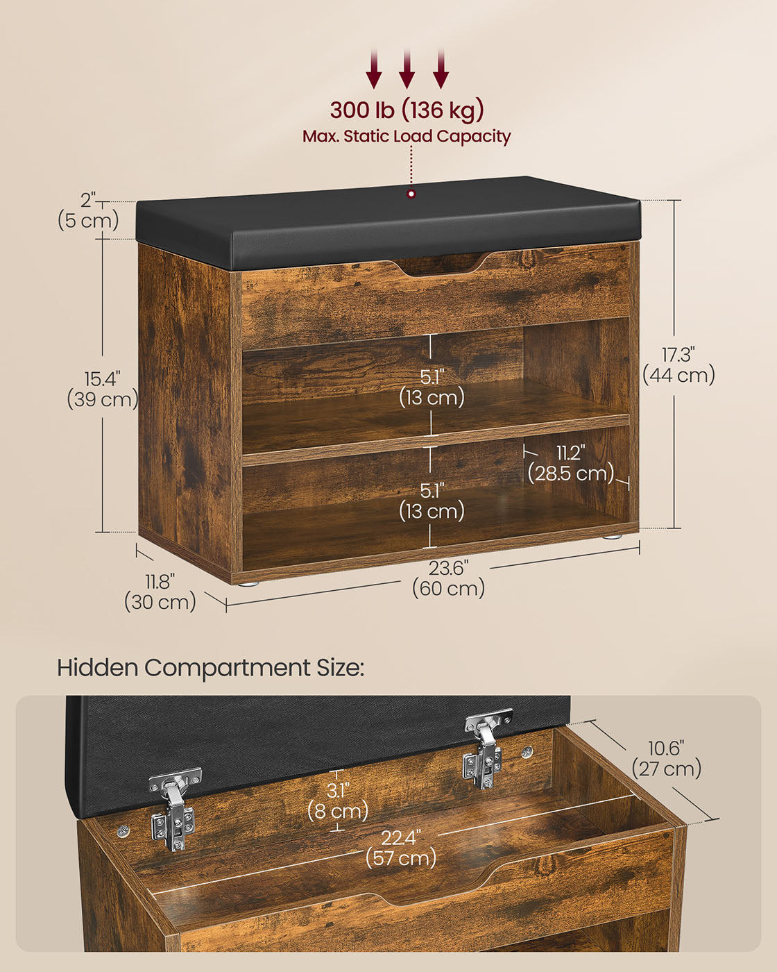 Shoe Bench - Wood - Rustic Brown - Cushioned Seating with 3 Compartments