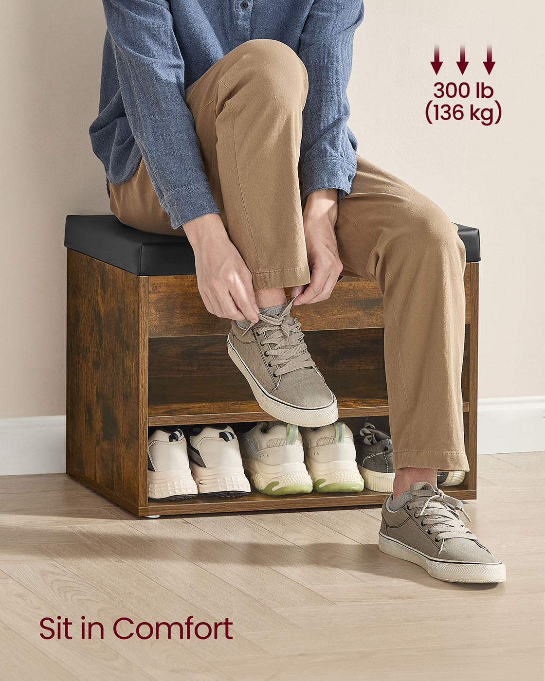Shoe Bench - Wood - Rustic Brown - Cushioned Seating with 3 Compartments