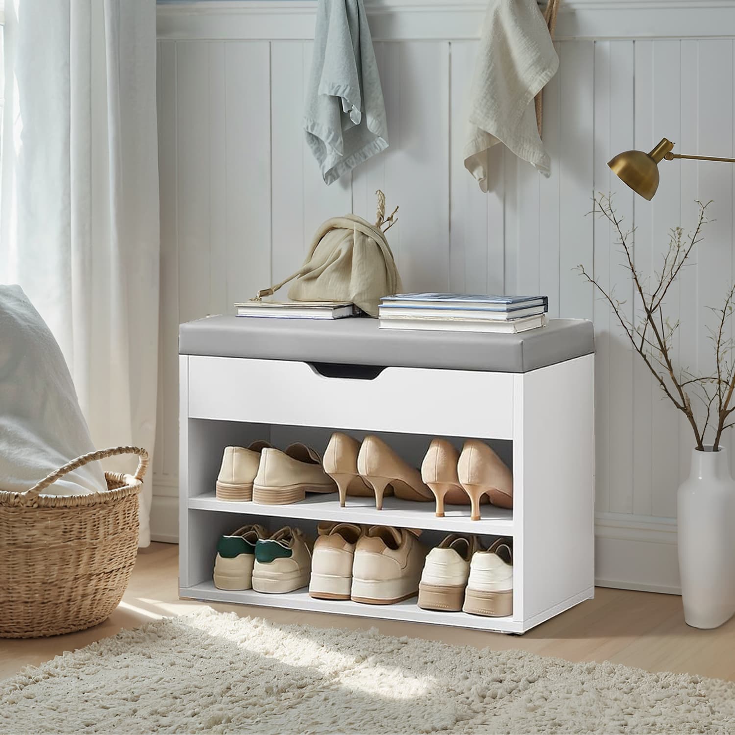 Shoe Storage Bench - Wood - Cloud White - Cushion Top and 3 Storage Compartments