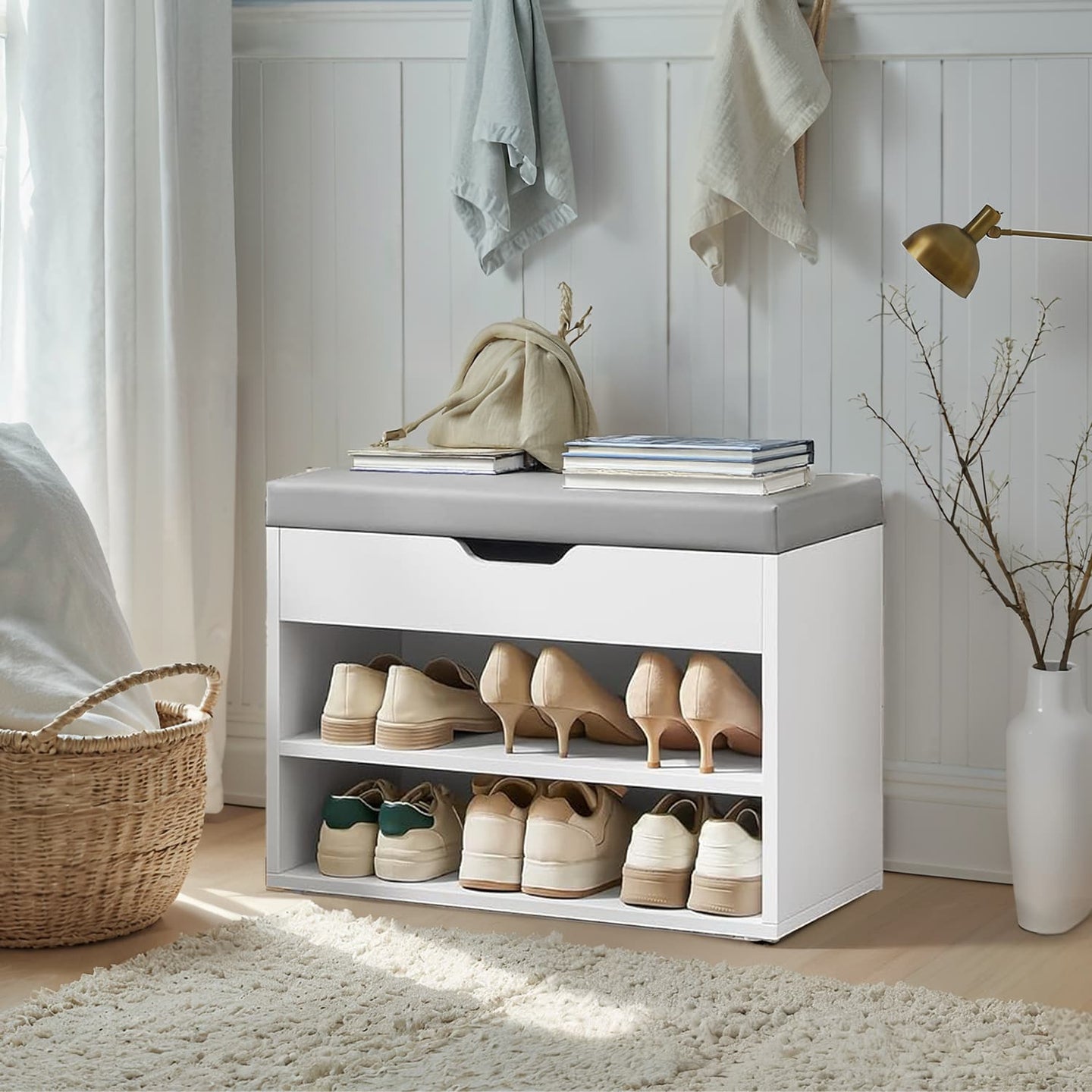 Shoe Storage Bench - Wood - Cloud White - Cushion Top and 3 Storage Compartments