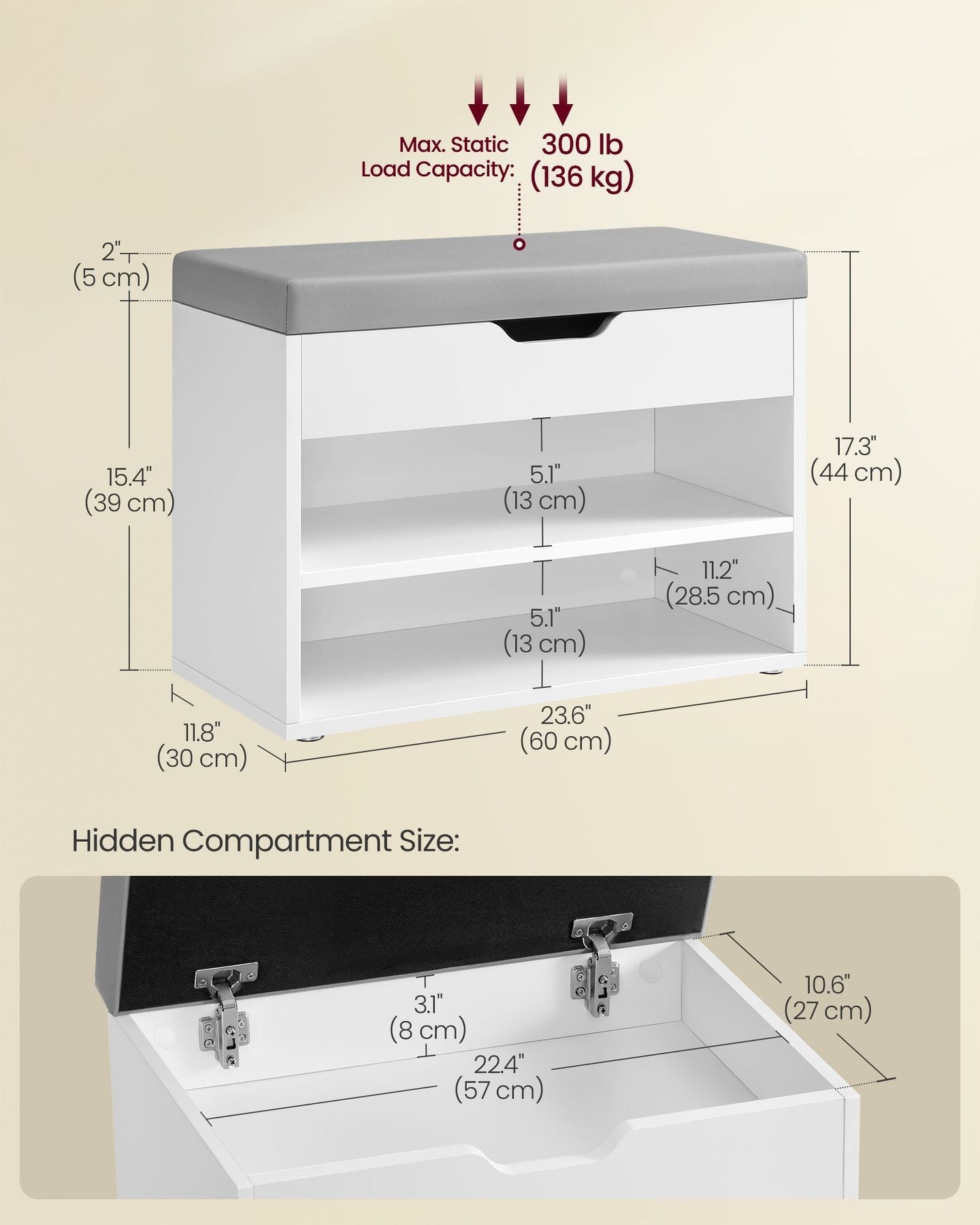 Shoe Bench - Wood - Cloud White - Padded Seat