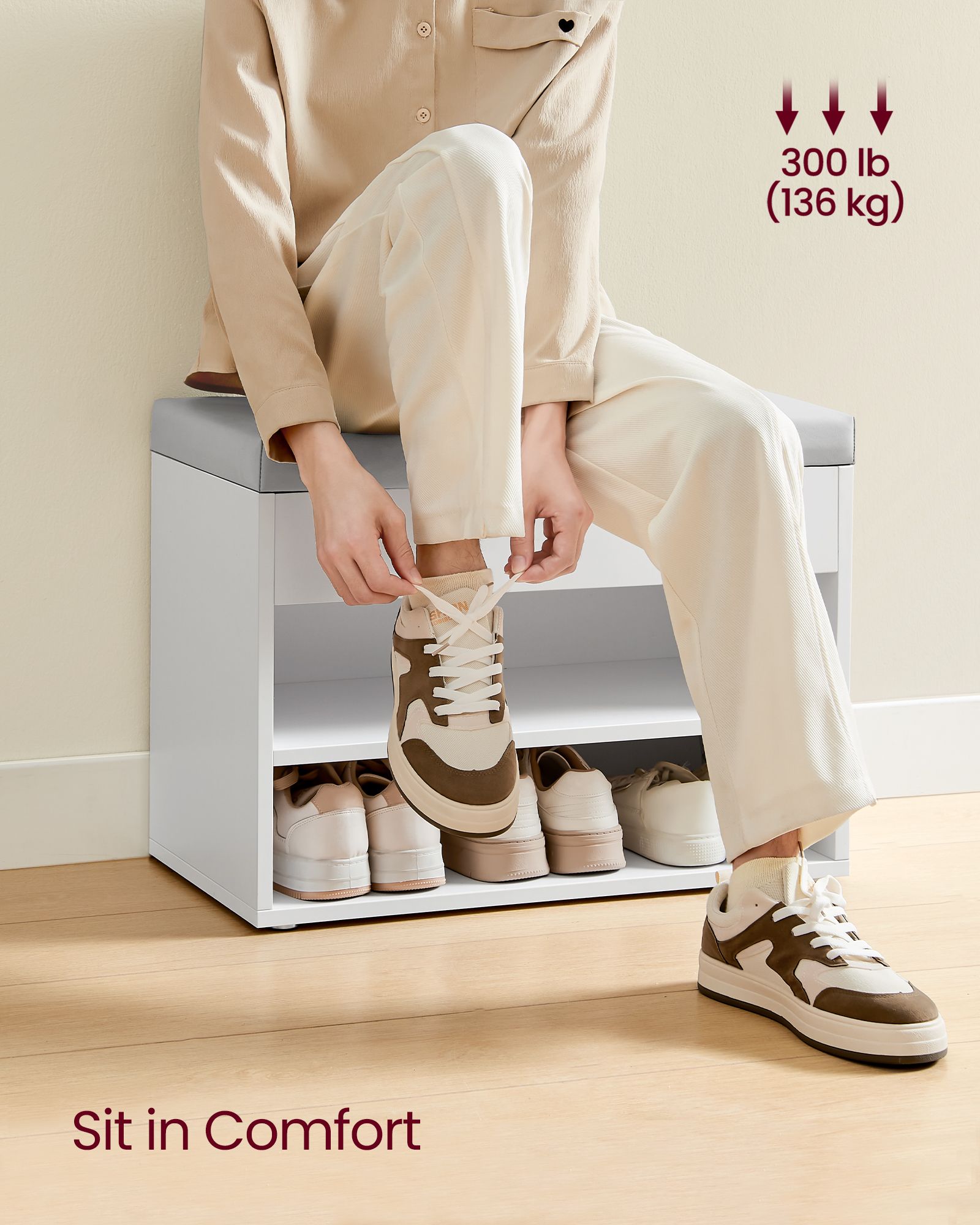 Shoe Bench - Wood - Cloud White - Padded Seat