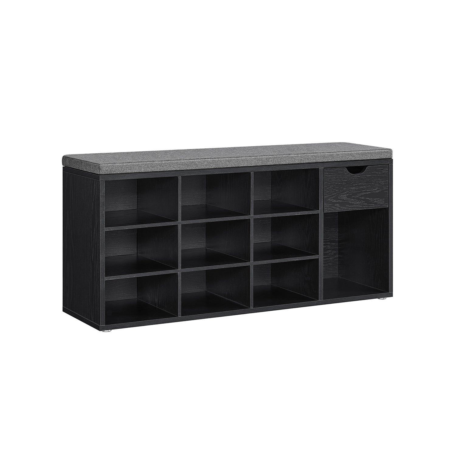 Shoe Storage Bench - Wood - Ebony Black - Padded Seat with Drawer and Open Compartments