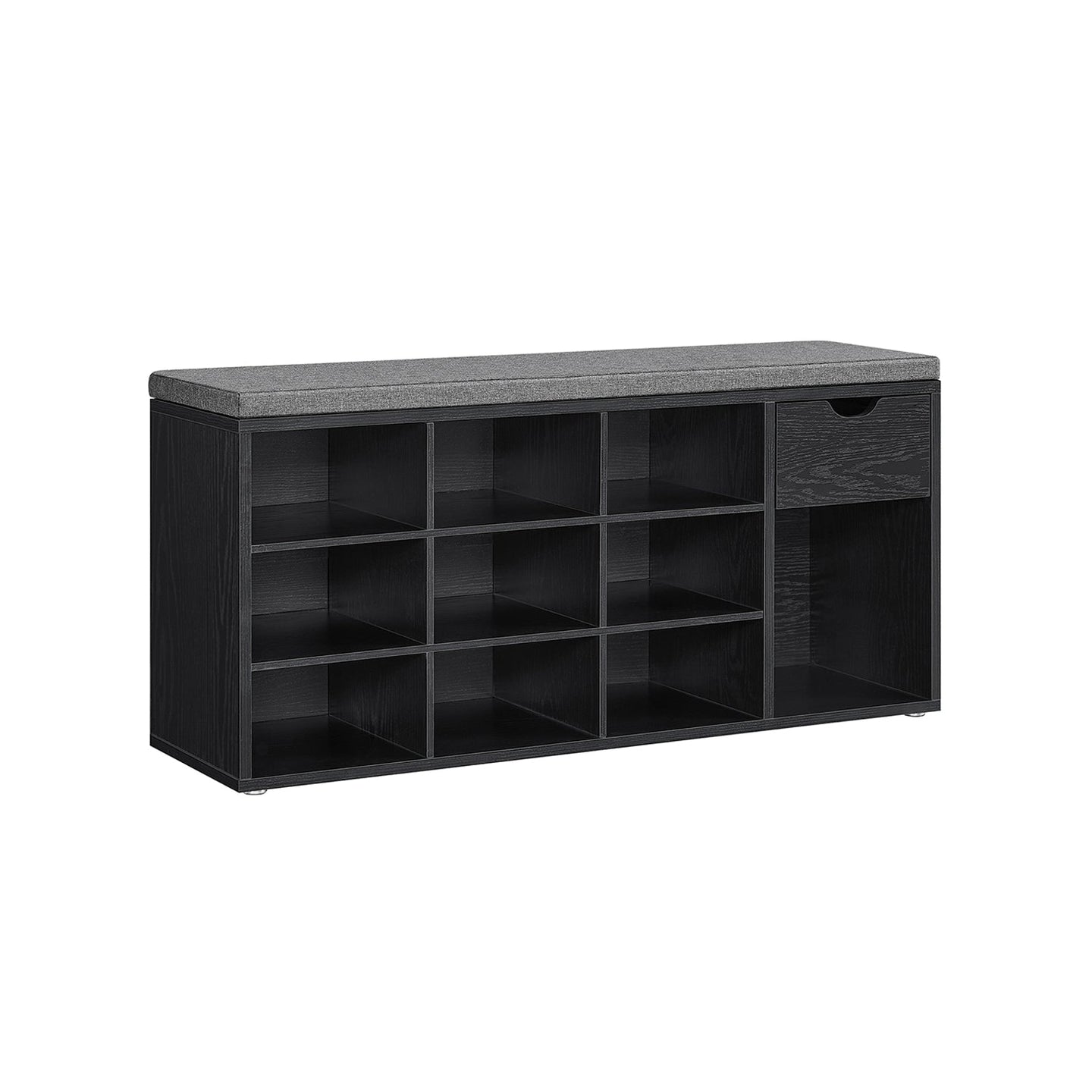 Shoe Storage Bench - Wood - Ebony Black - Padded Seat with Drawer and Open Compartments