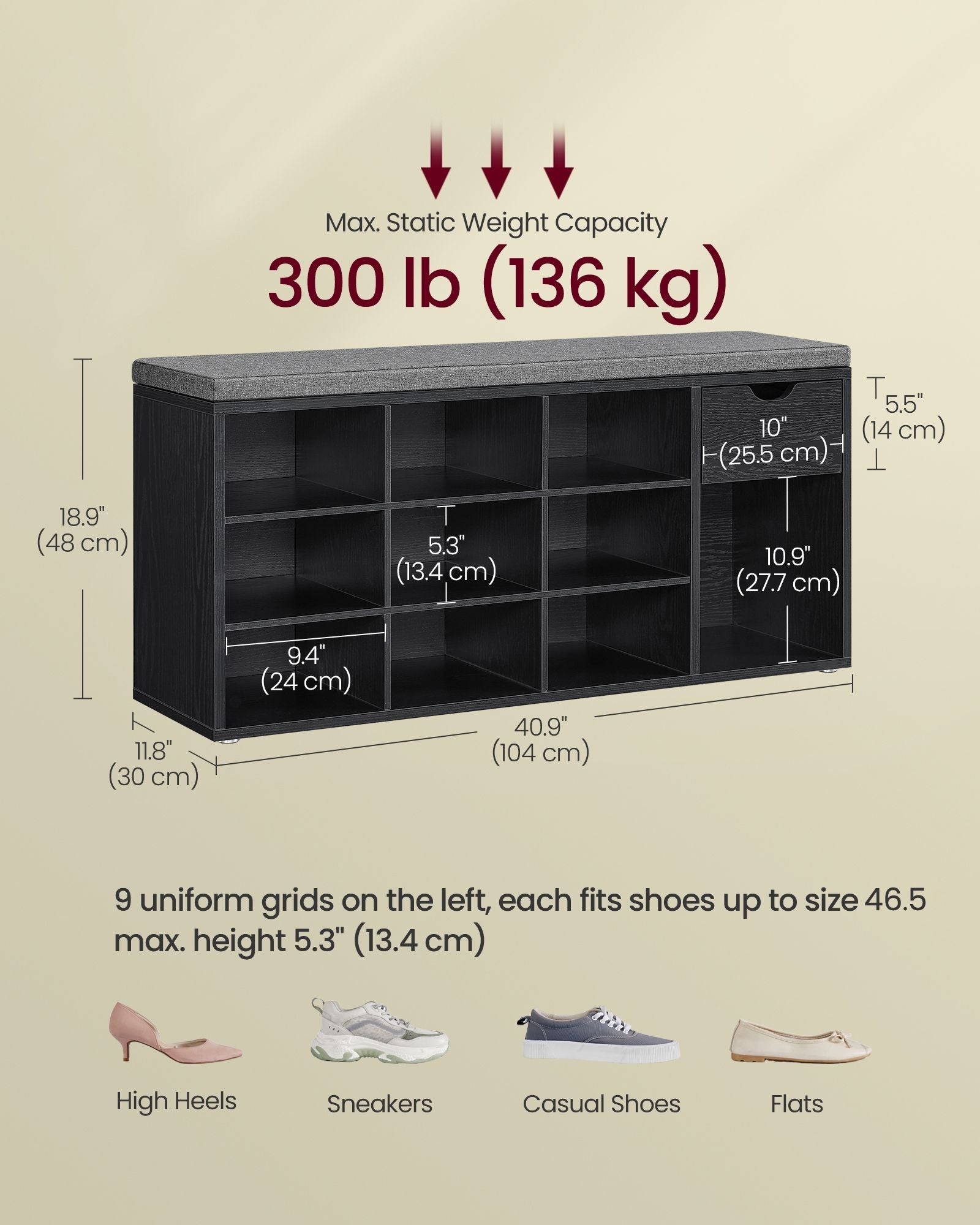 Shoe Storage Bench - Wood - Ebony Black - Padded Seat with Drawer and Open Compartments