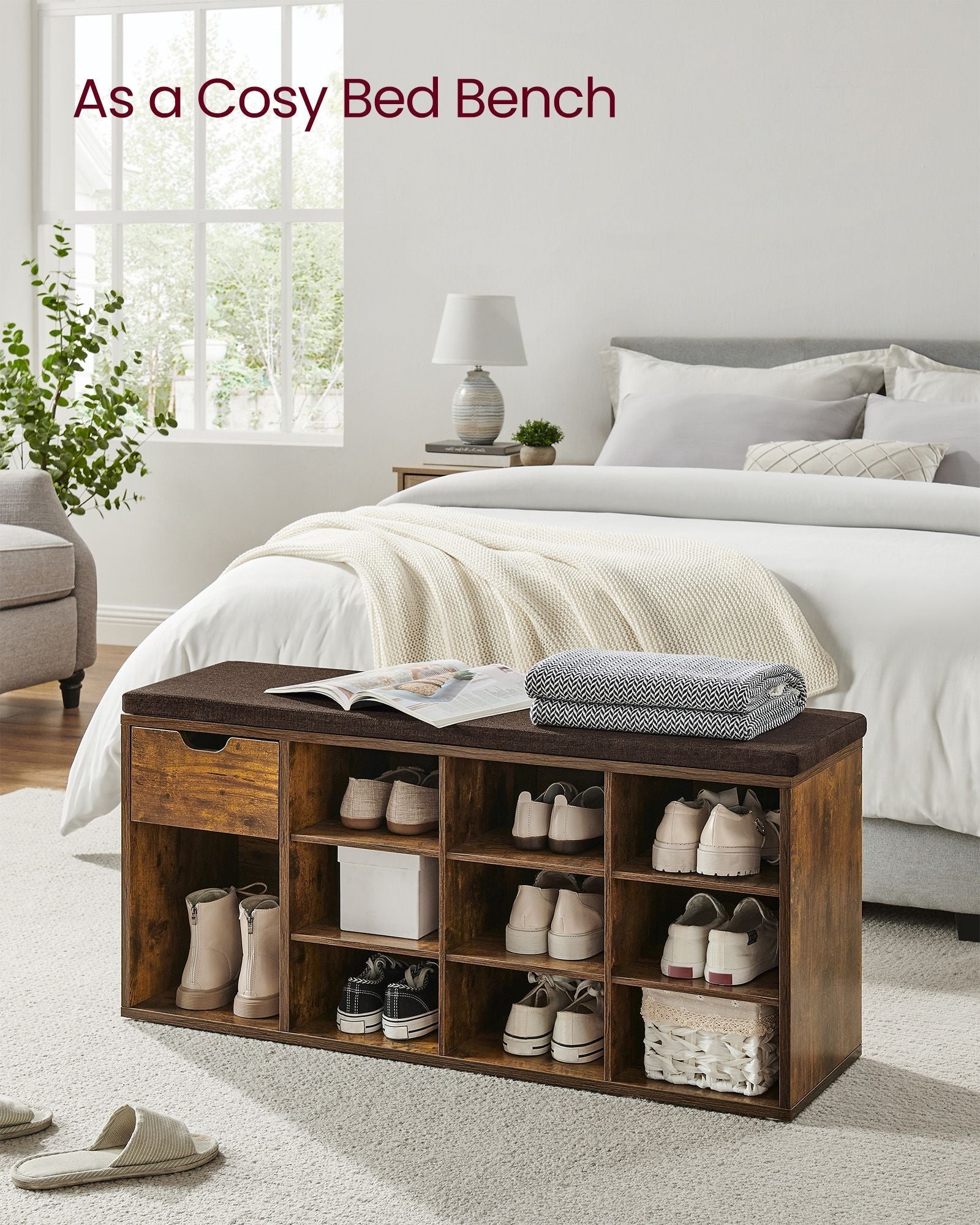 Shoe Storage Bench - Wood - White - Padded Seat with Drawer and Open Compartments