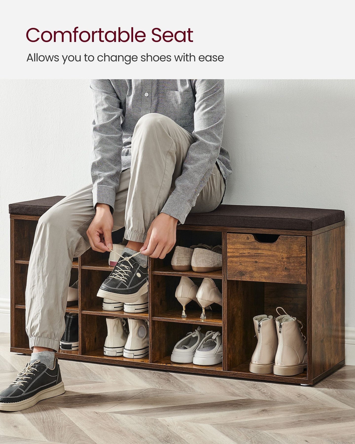 Shoe Storage Bench - Wood - White - Padded Seat with Drawer and Open Compartments
