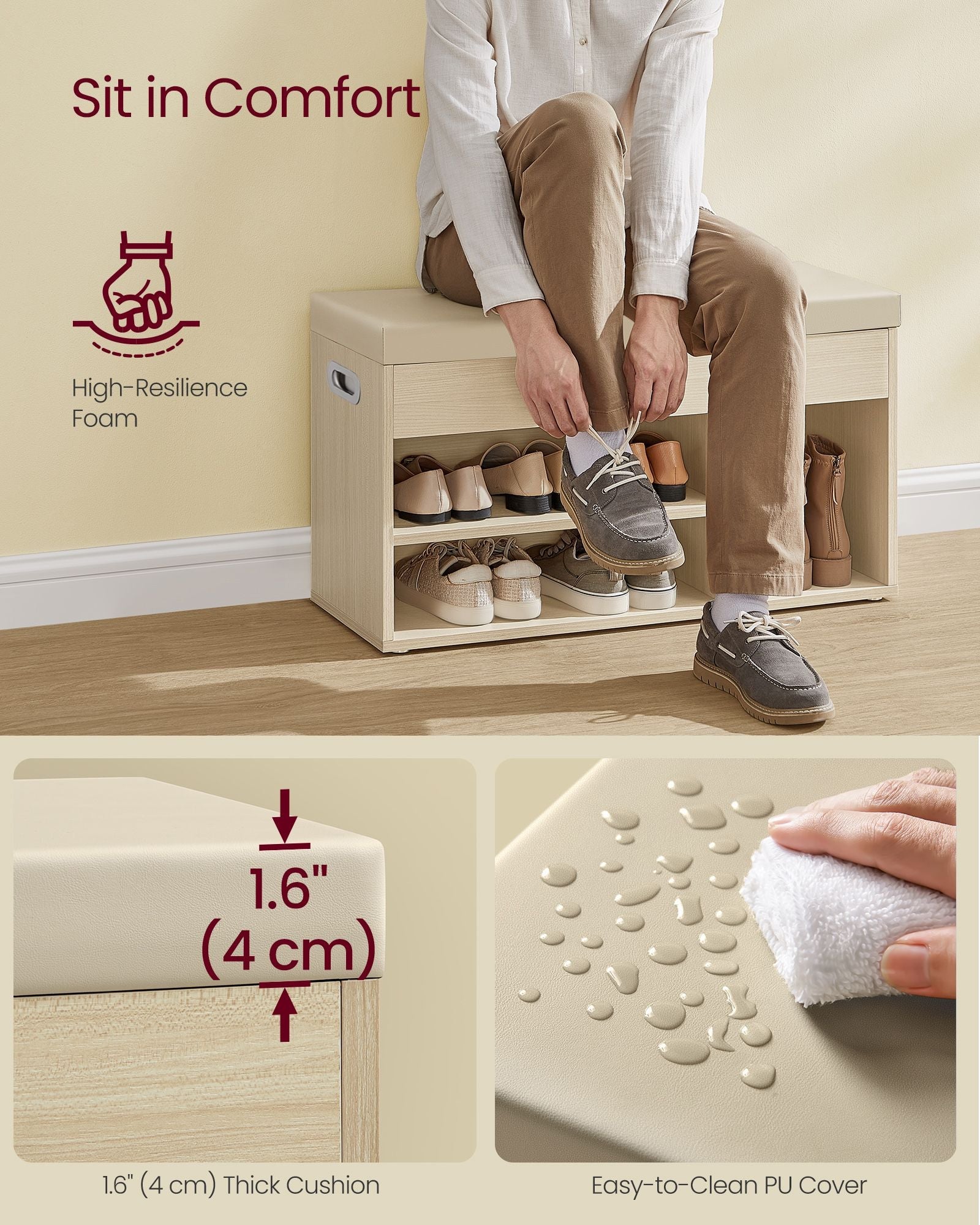 Shoe Bench - Wood - Natural Beige - Cushioned Seat with 3 Compartments