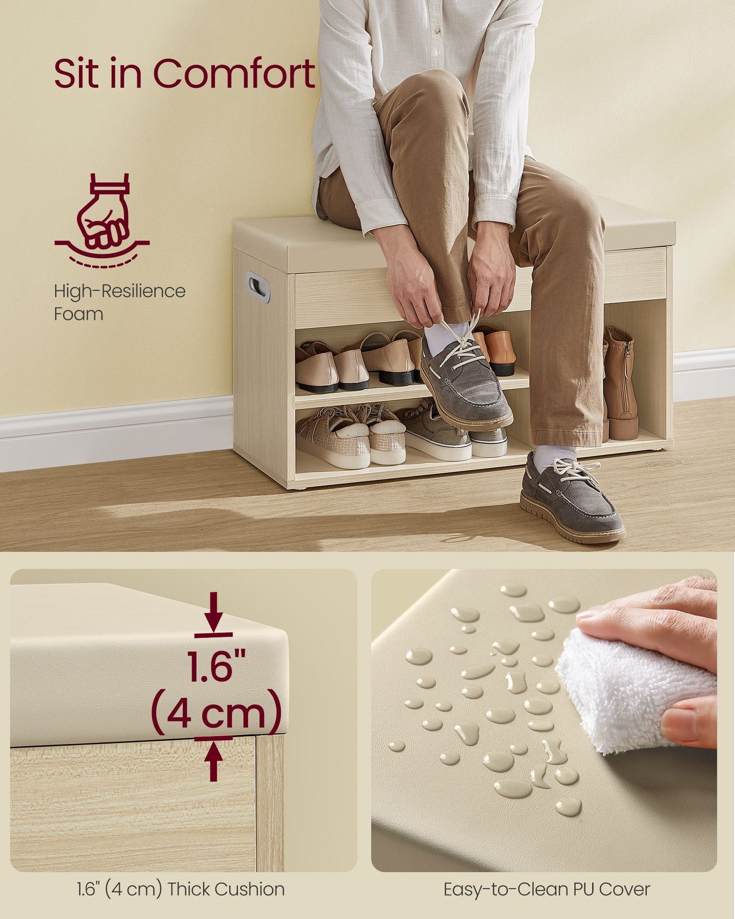 Shoe Bench - Wood - Natural Beige - Cushioned Seat with 3 Compartments