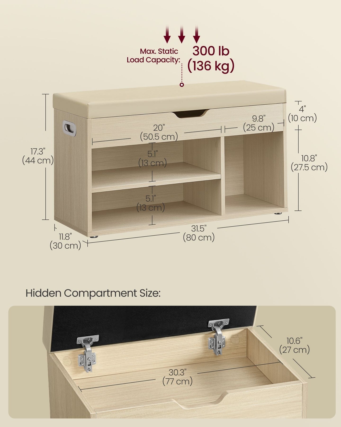 Shoe Bench - Wood - Natural Beige - Cushioned Seat with 3 Compartments