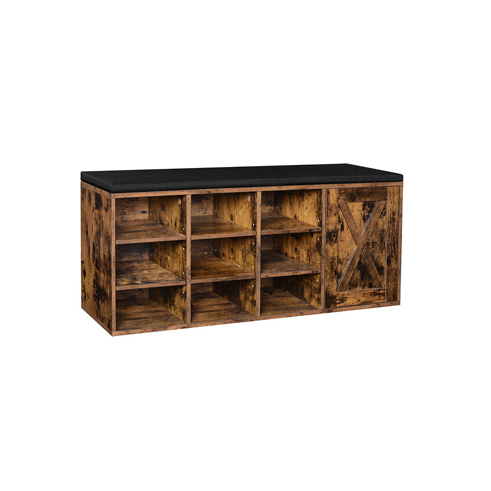 Shoe Rack - Wood - Vintage Brown - 9 Open Compartments with Cupboard and Padding