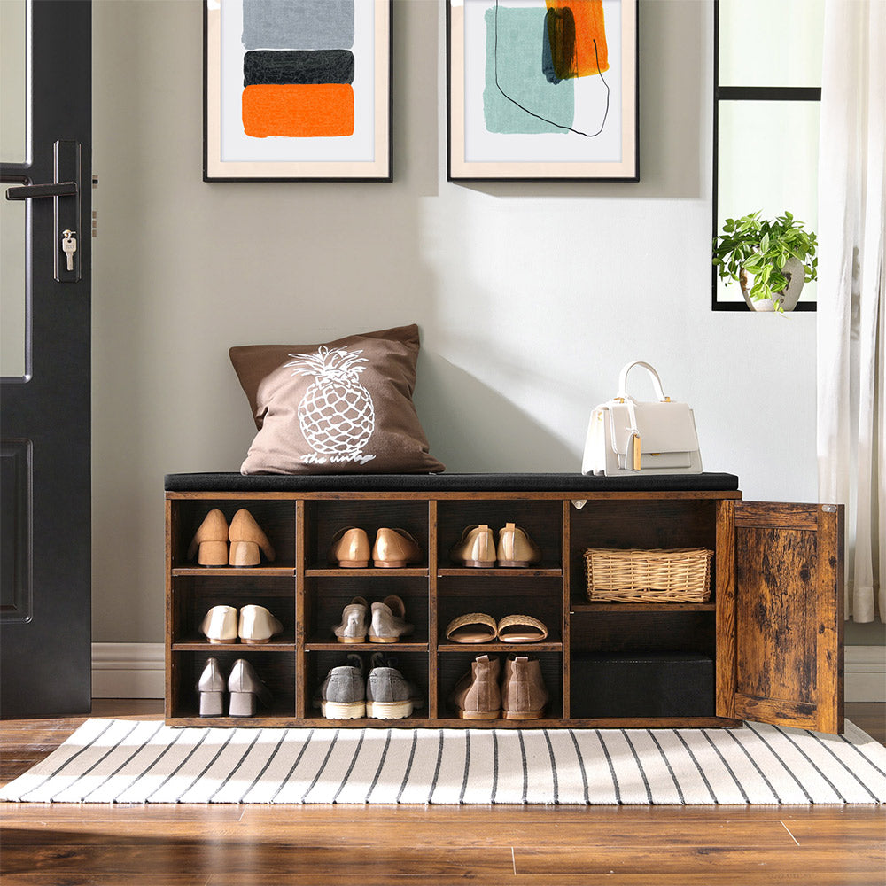 Shoe Rack - Wood - Vintage Brown - 9 Open Compartments with Cupboard and Padding
