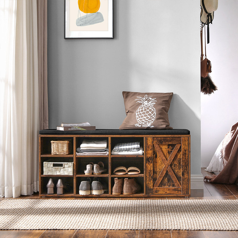 Shoe Rack - Wood - Vintage Brown - 9 Open Compartments with Cupboard and Padding