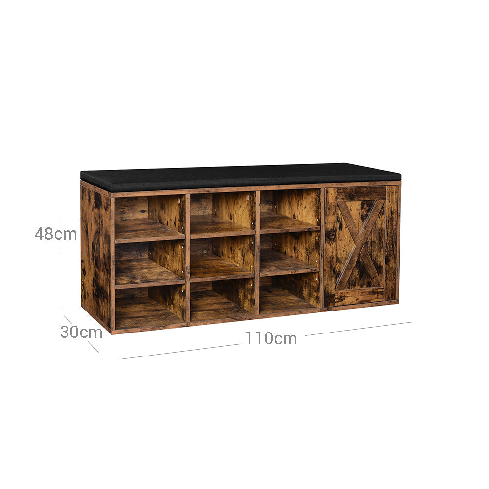 Shoe Rack - Wood - Vintage Brown - 9 Open Compartments with Cupboard and Padding