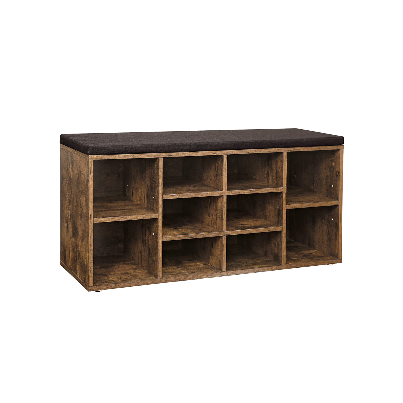 Shoe Bench - Wood - Rustic Brown - 10 Compartments with Cushion