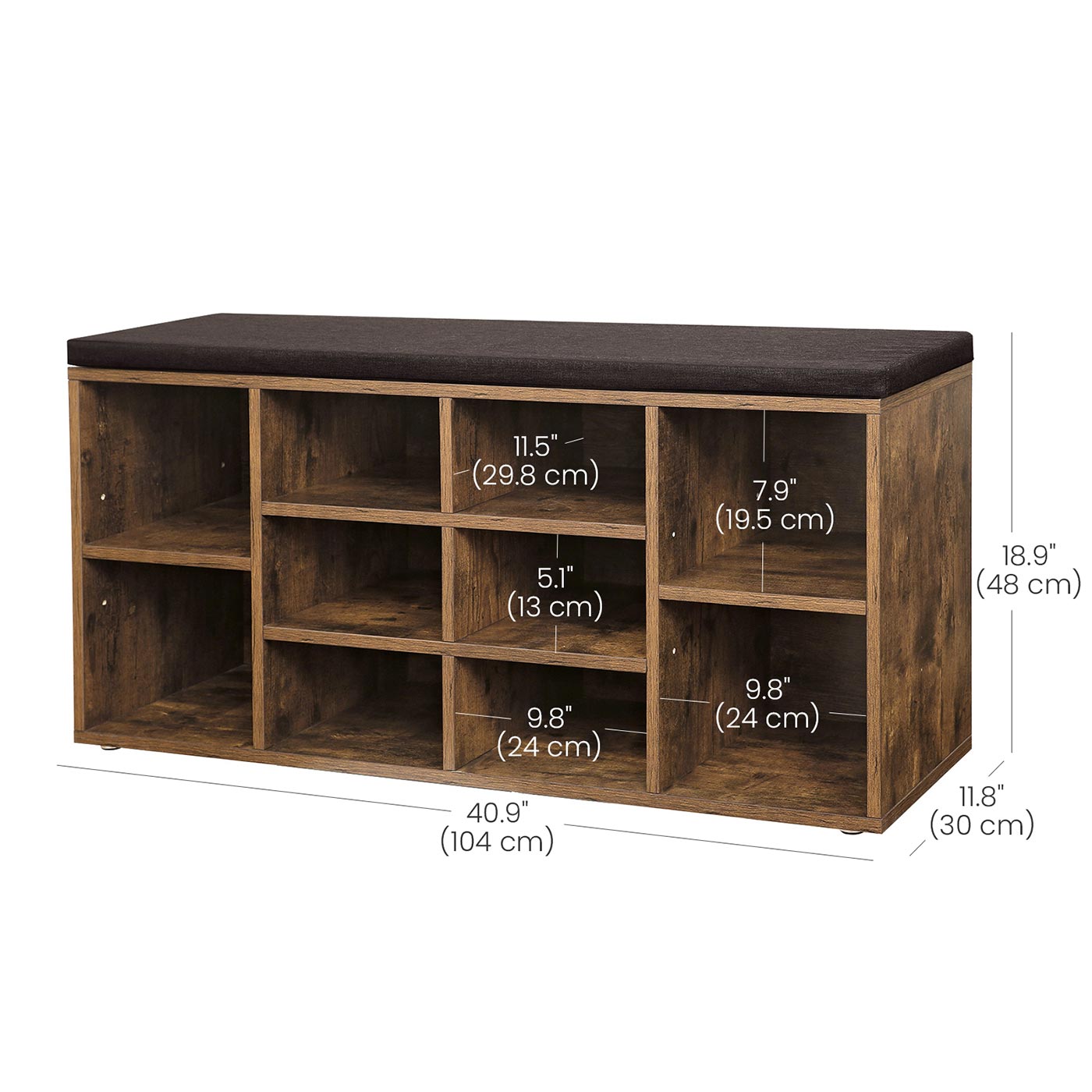 Shoe Bench - Wood - Rustic Brown - 10 Compartments with Cushion