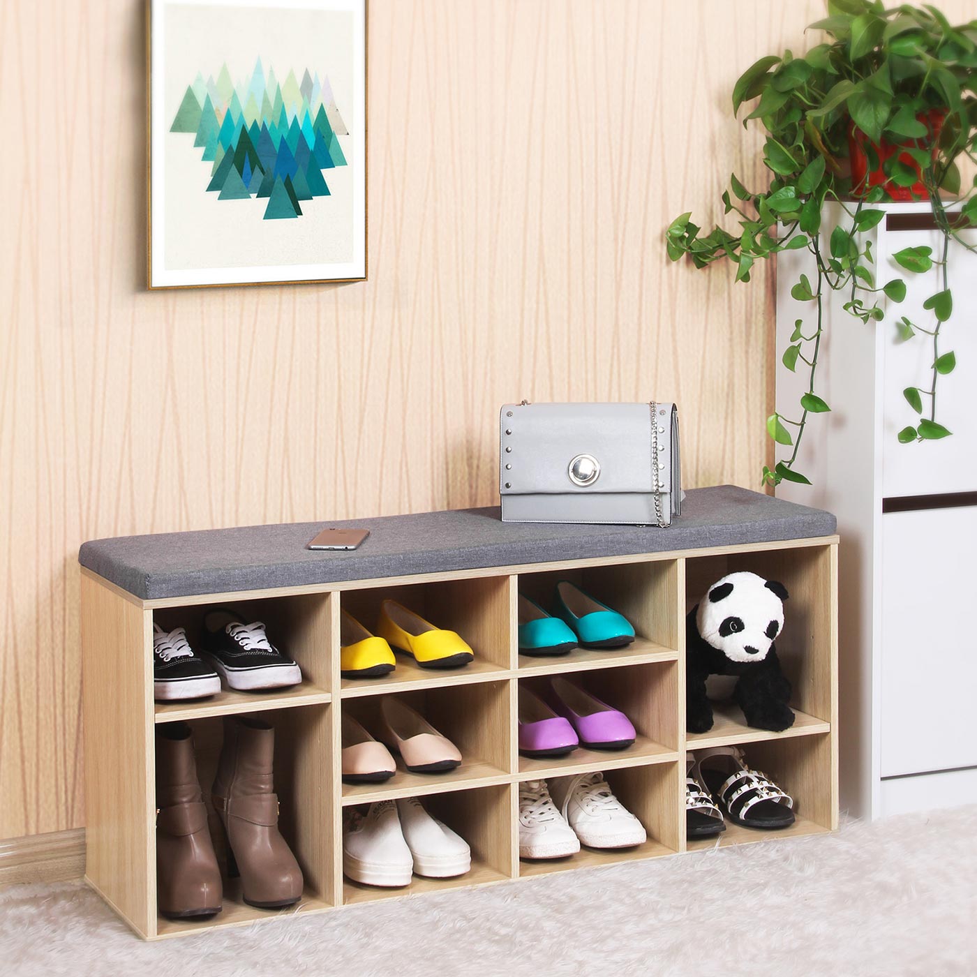 10 Compartments Shoe Bench - E1-Grade Chipboard Panel - Oak