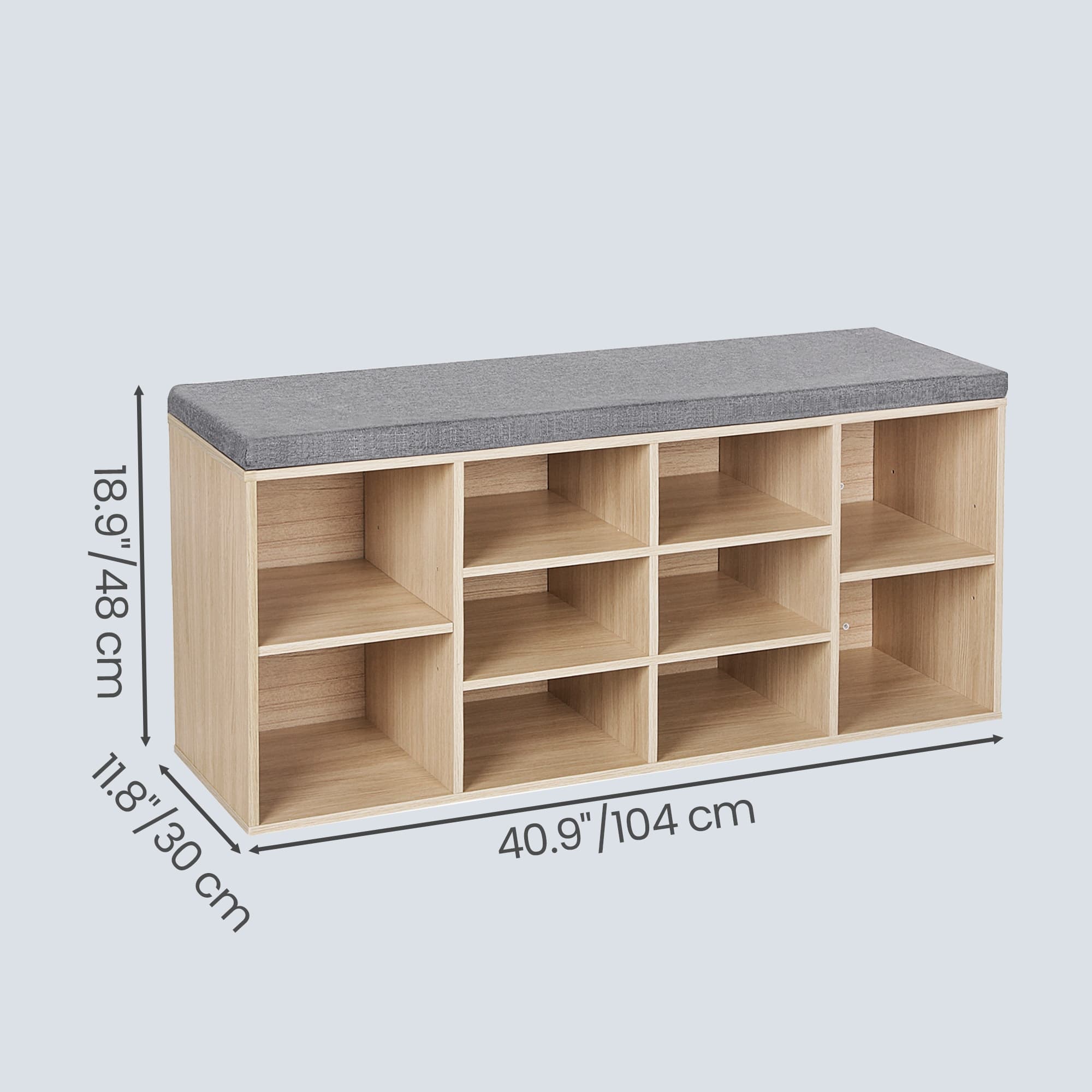 Entryway Storage Bench - Wood - Oak - 10-Compartment Shoe Organizer with Cushion