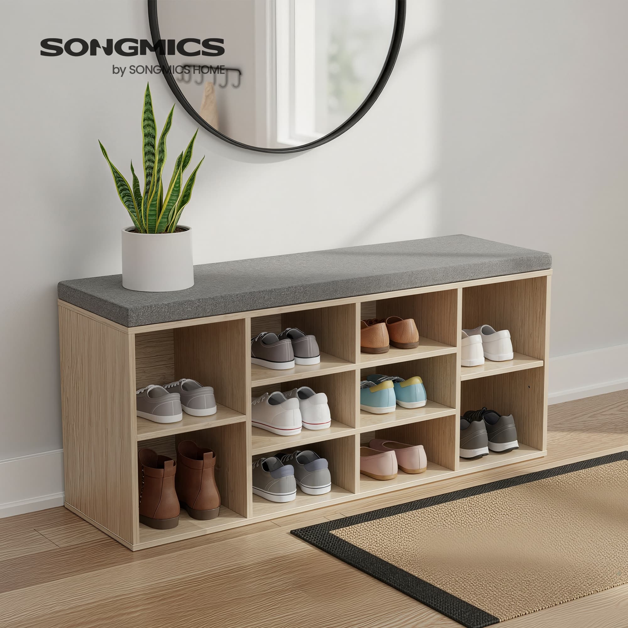 Entryway Storage Bench - Wood - Oak - 10-Compartment Shoe Organizer with Cushion