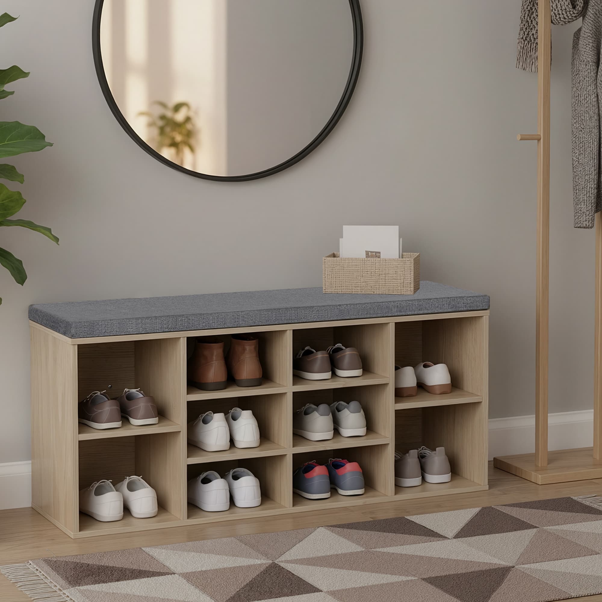 Entryway Storage Bench - Wood - Oak - 10-Compartment Shoe Organizer with Cushion