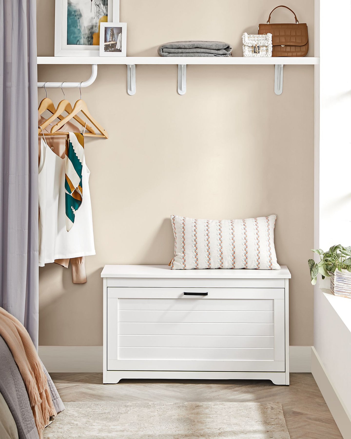 Shoe Bench - Wood - Cloud White - Adjustable Interior Divider and Folding Door