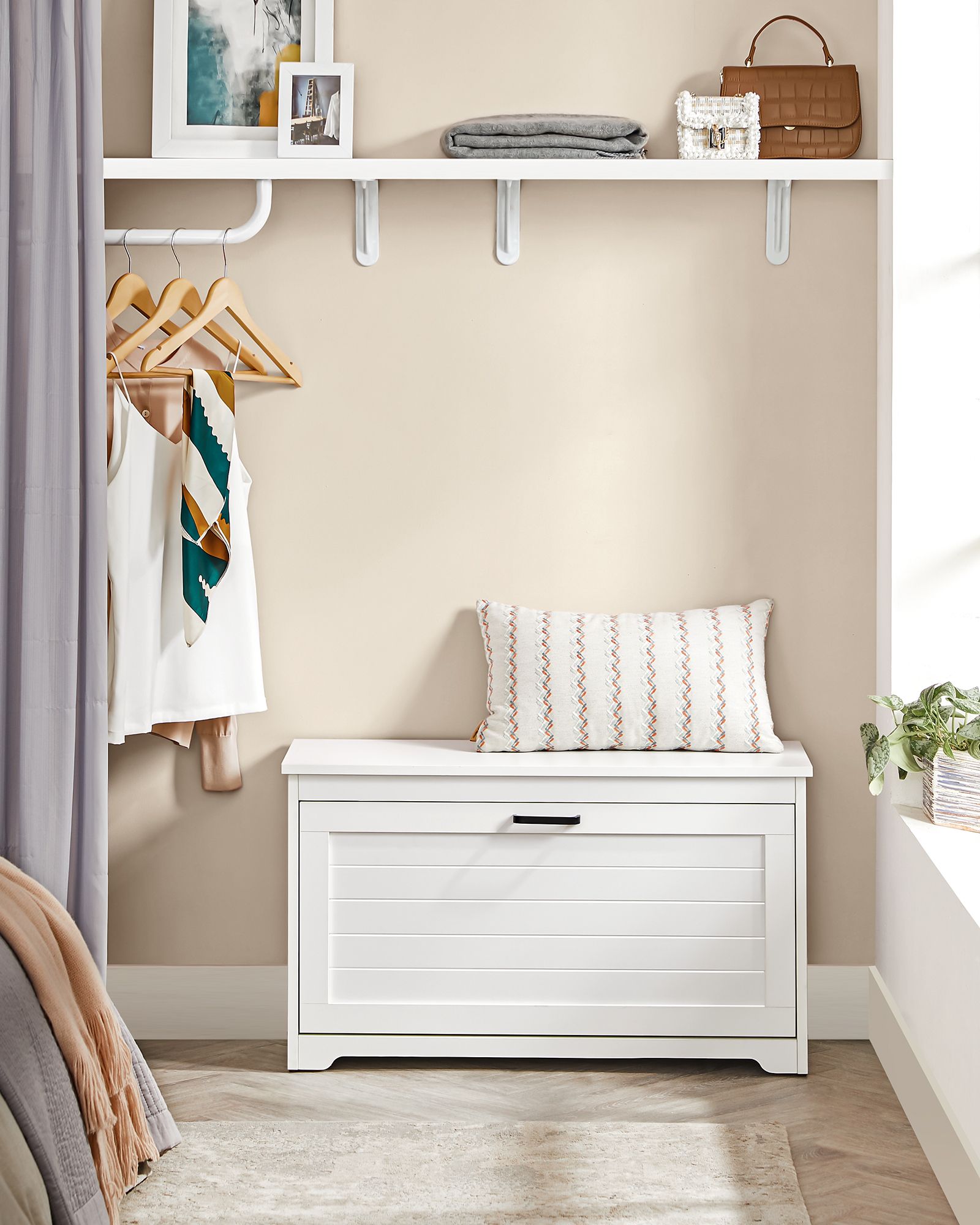 Shoe Bench - Wood - Cloud White - Adjustable Interior Divider and Folding Door