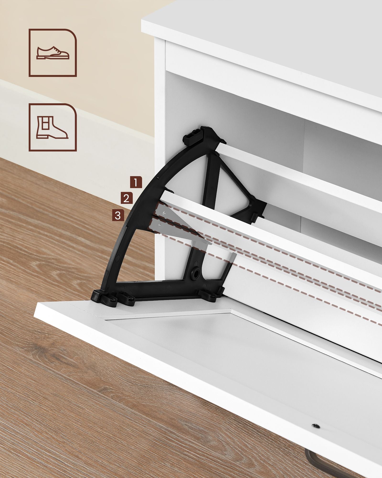 Shoe Bench - Wood - Cloud White - Adjustable Interior Divider and Folding Door