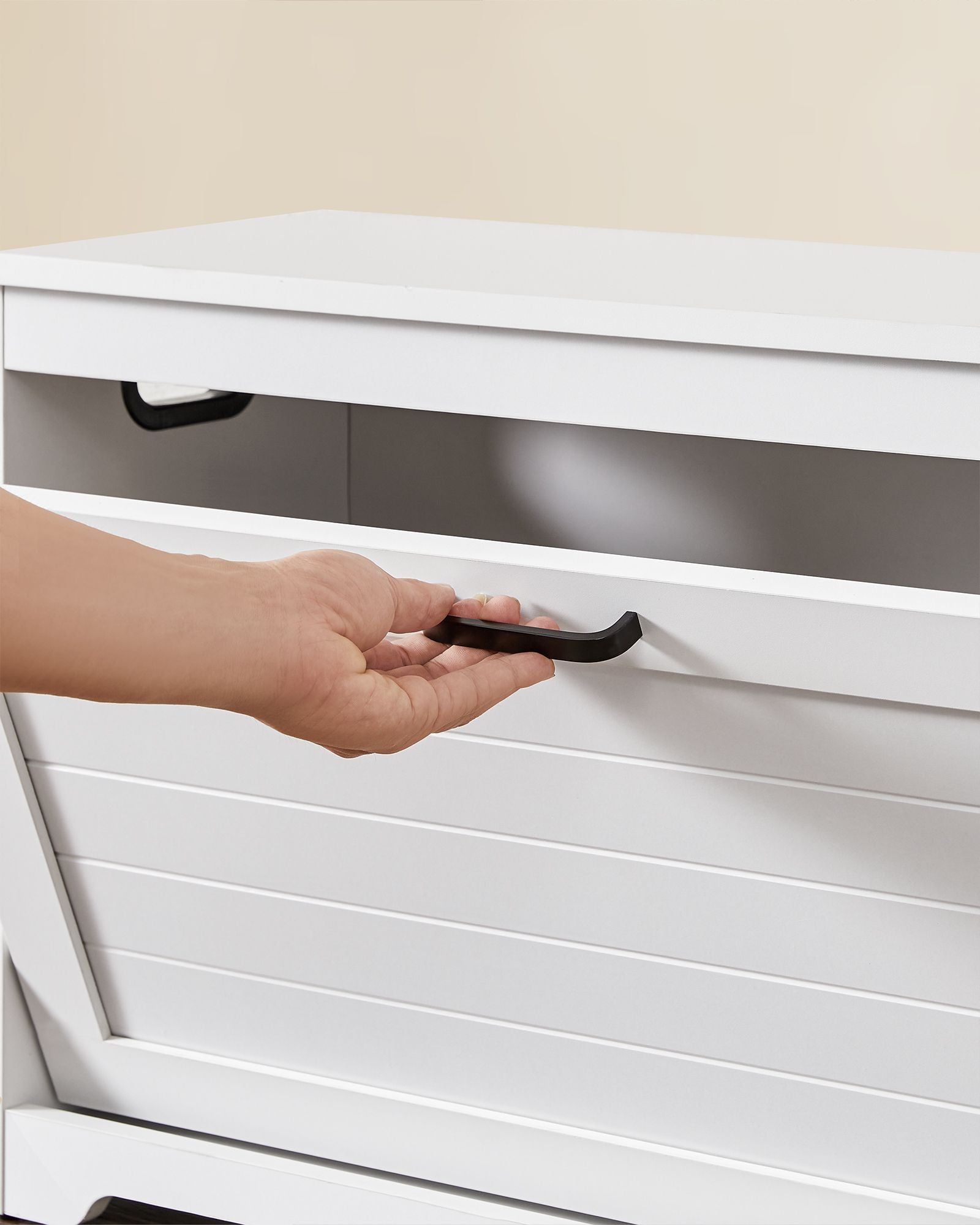Shoe Bench - Wood - Cloud White - Adjustable Interior Divider and Folding Door