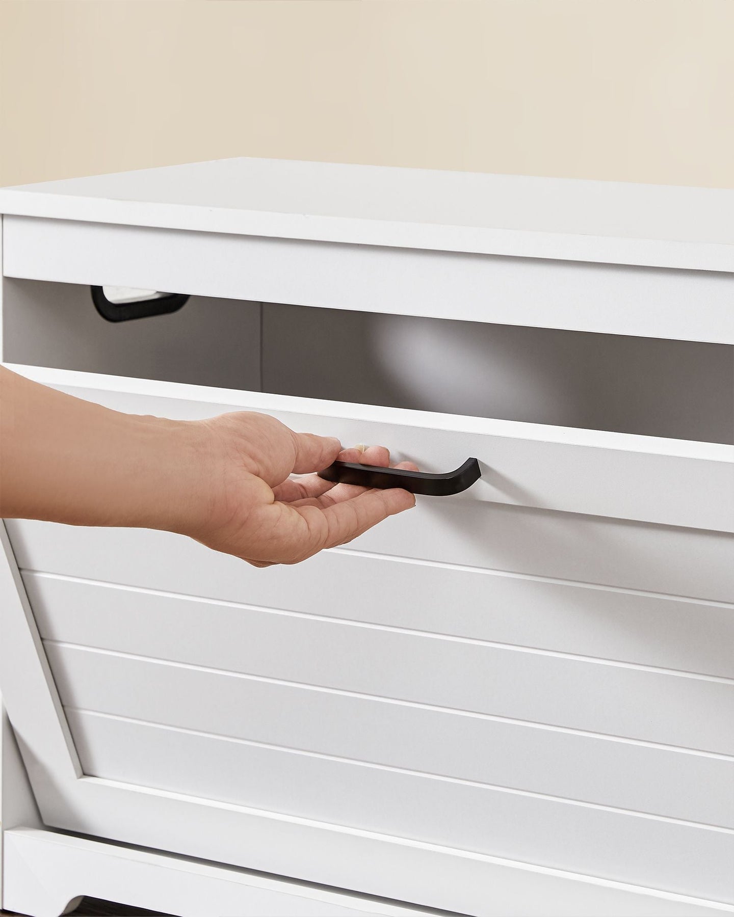 Shoe Bench - Wood - Cloud White - Adjustable Interior Divider and Folding Door