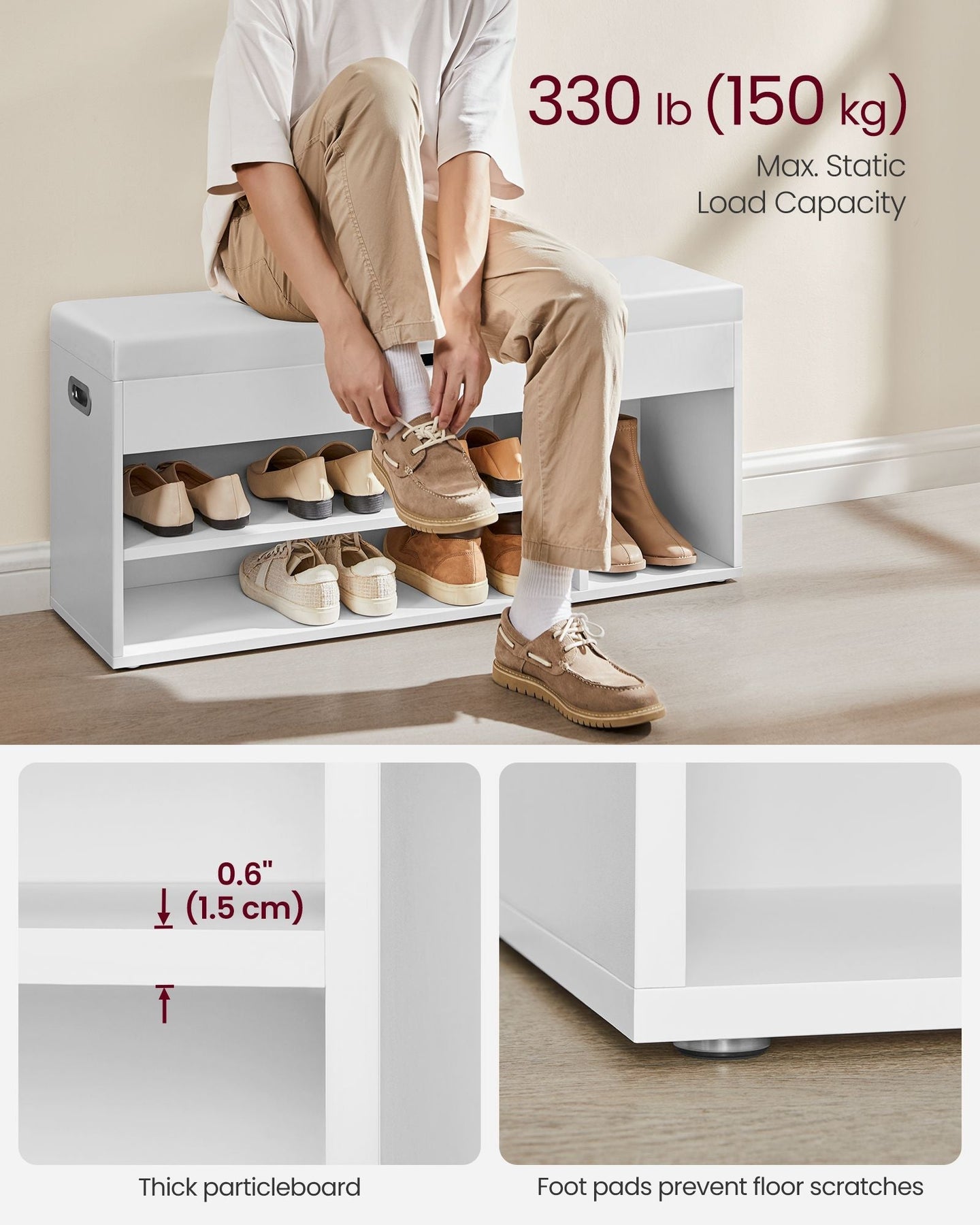 Storage Bench - Wood - White - Padded Seat with Hidden Chest and 2 Shelves