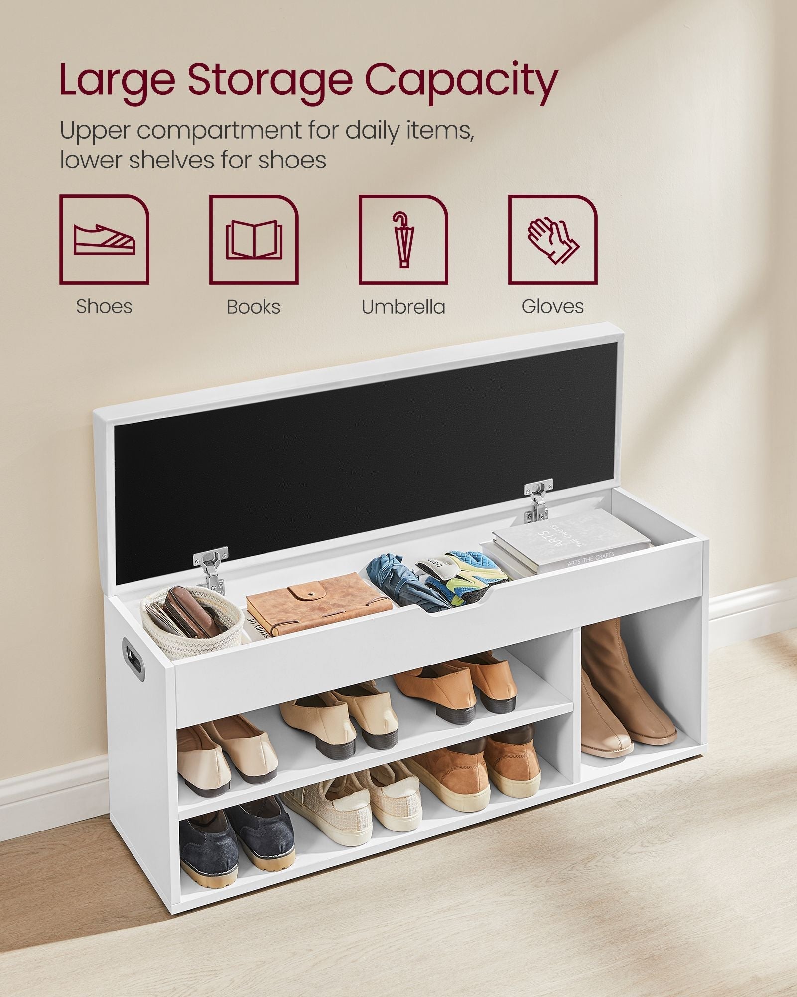Storage Bench - Wood - White - Padded Seat with Hidden Chest and 2 Shelves