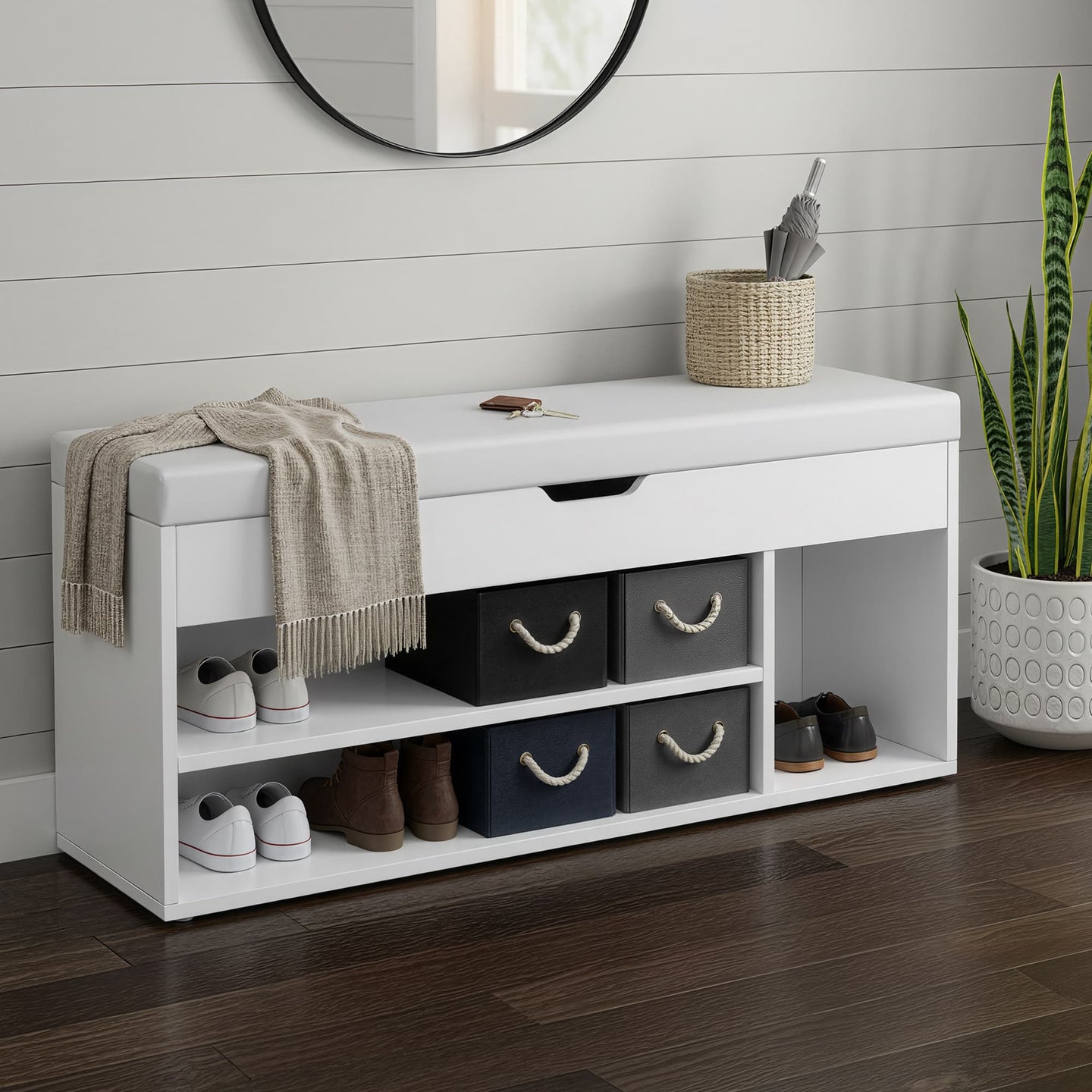 Entryway Storage Bench - Wood - White - Padded Seat with Hidden Compartments and Shelves