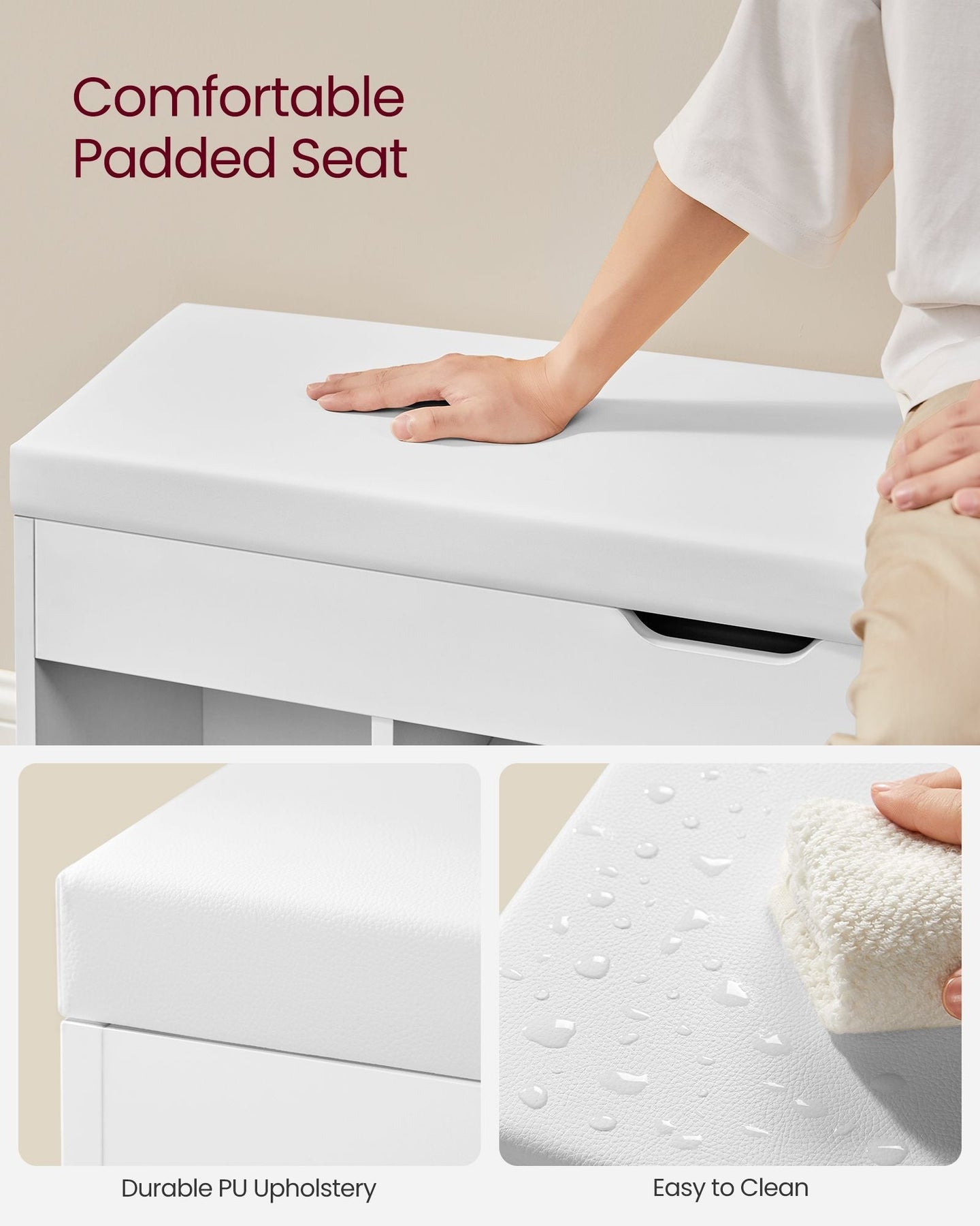 Storage Bench - Wood - White - Padded Seat with Hidden Chest and 2 Shelves