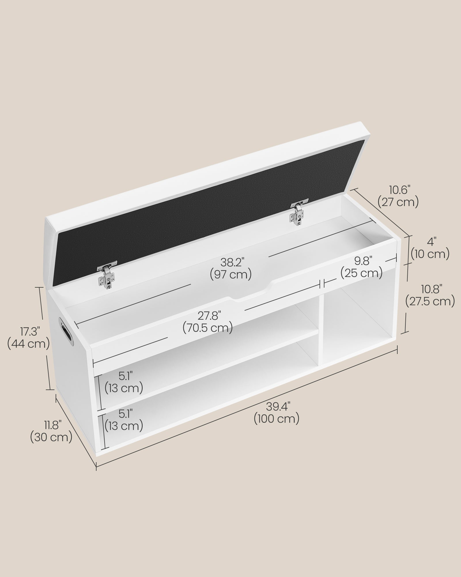 Storage Bench - Wood - White - Padded Seat with Hidden Chest and 2 Shelves