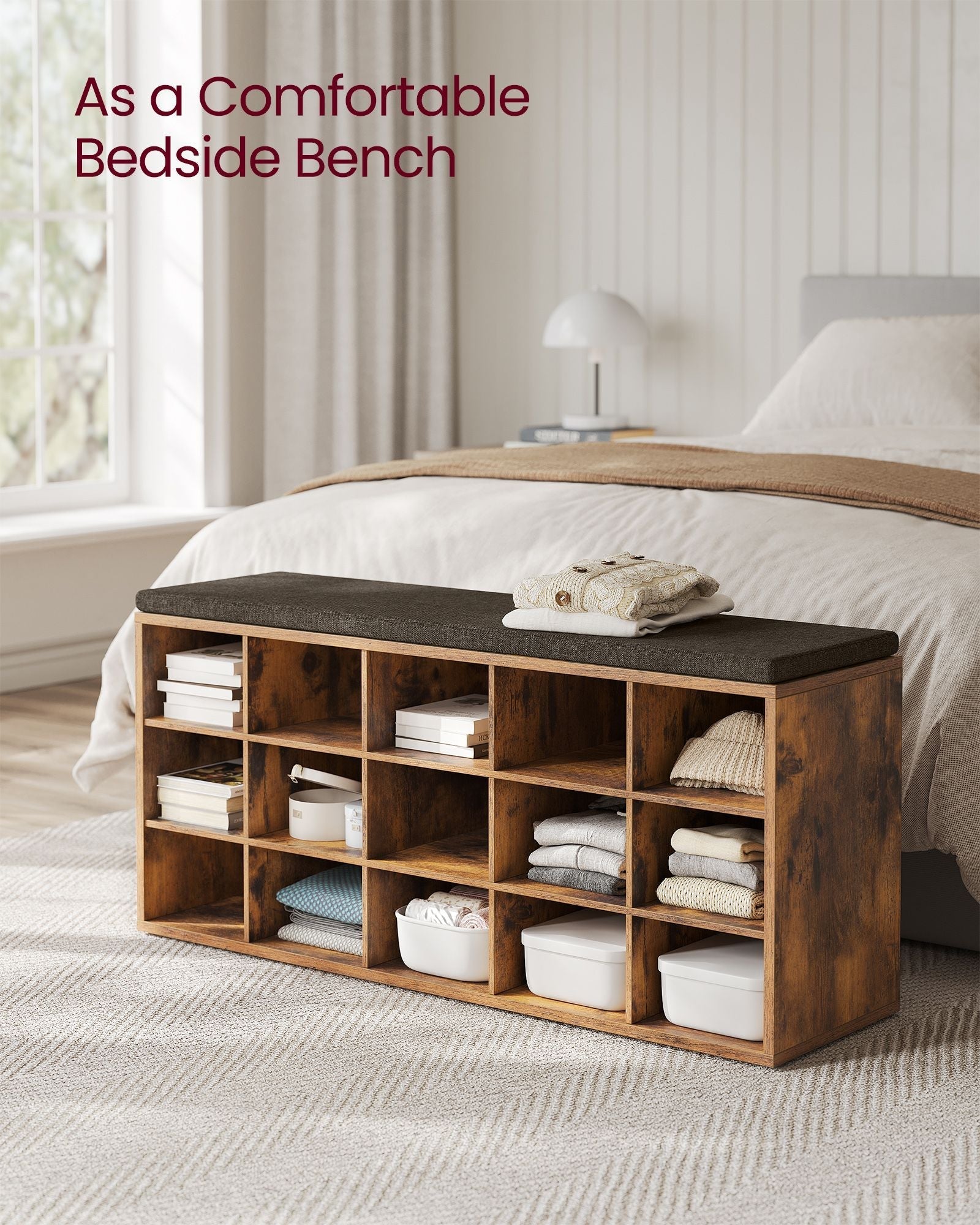 Shoe Rack Bench - Engineered Wood - Rustic and Caramel Brown - 15 Open Storage Compartments with Cushion