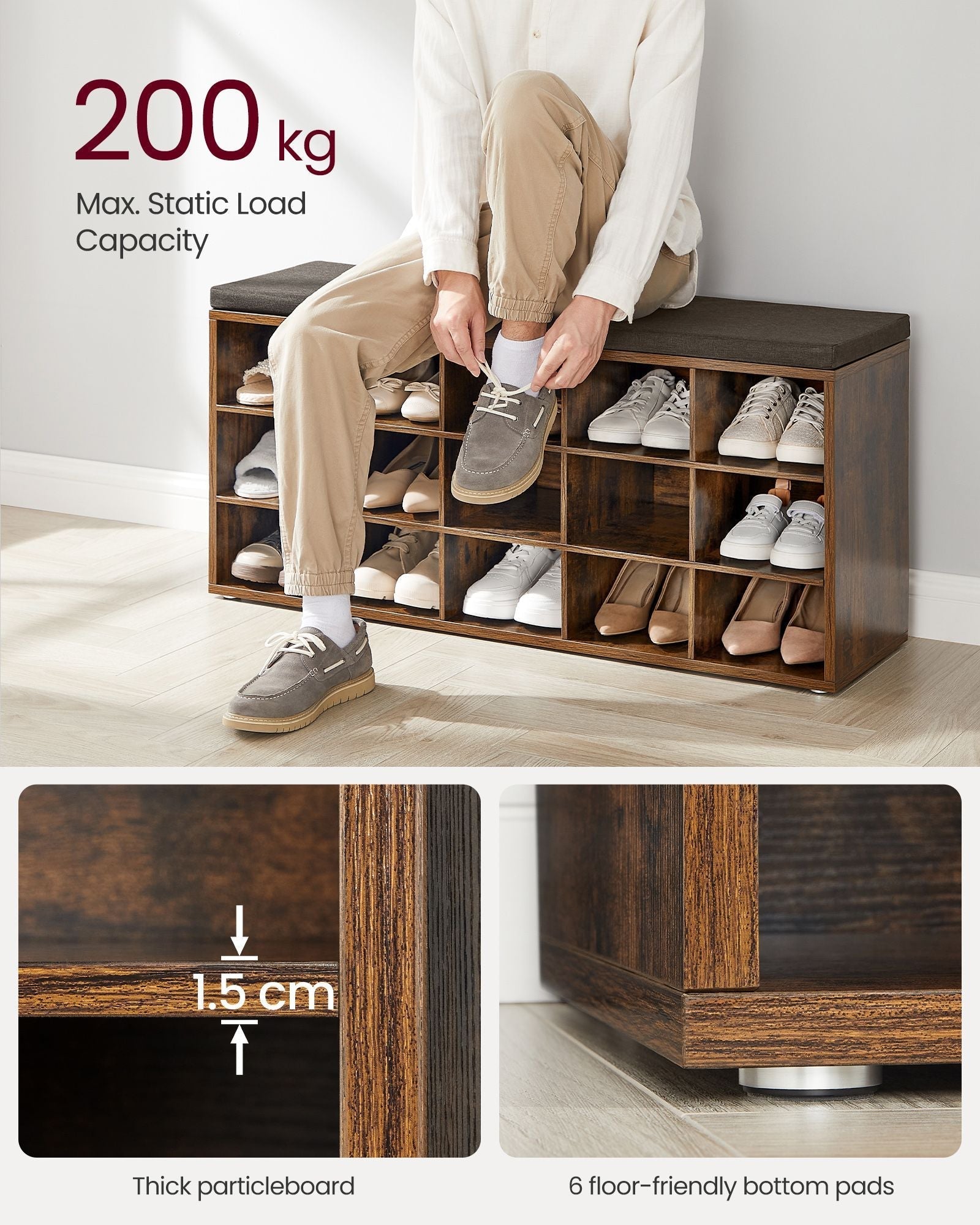 Shoe Rack Bench - Engineered Wood - Rustic and Caramel Brown - 15 Open Storage Compartments with Cushion