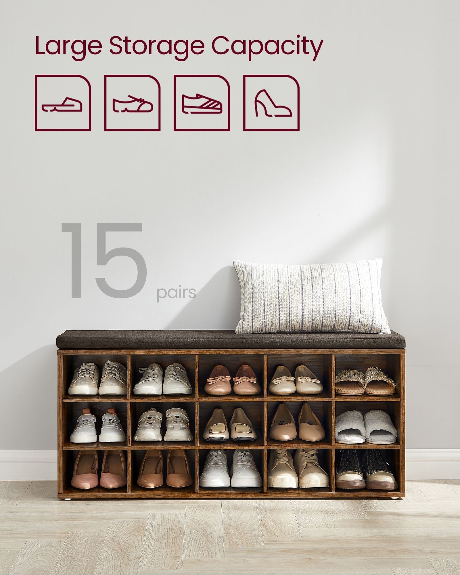 Shoe Rack Bench - Engineered Wood - Rustic and Caramel Brown - 15 Open Storage Compartments with Cushion