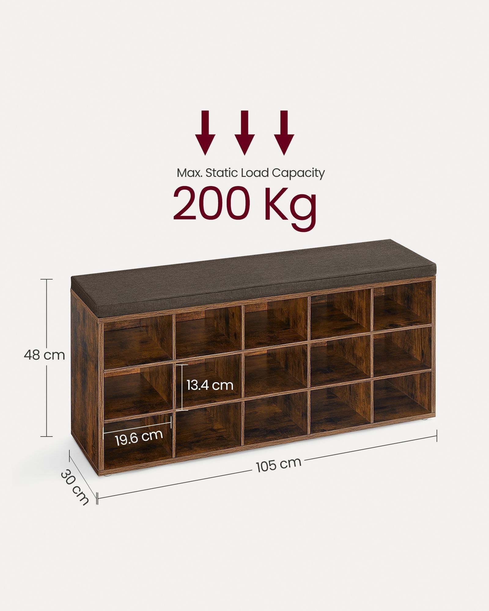 Shoe Rack Bench - Engineered Wood - Rustic and Caramel Brown - 15 Open Storage Compartments with Cushion