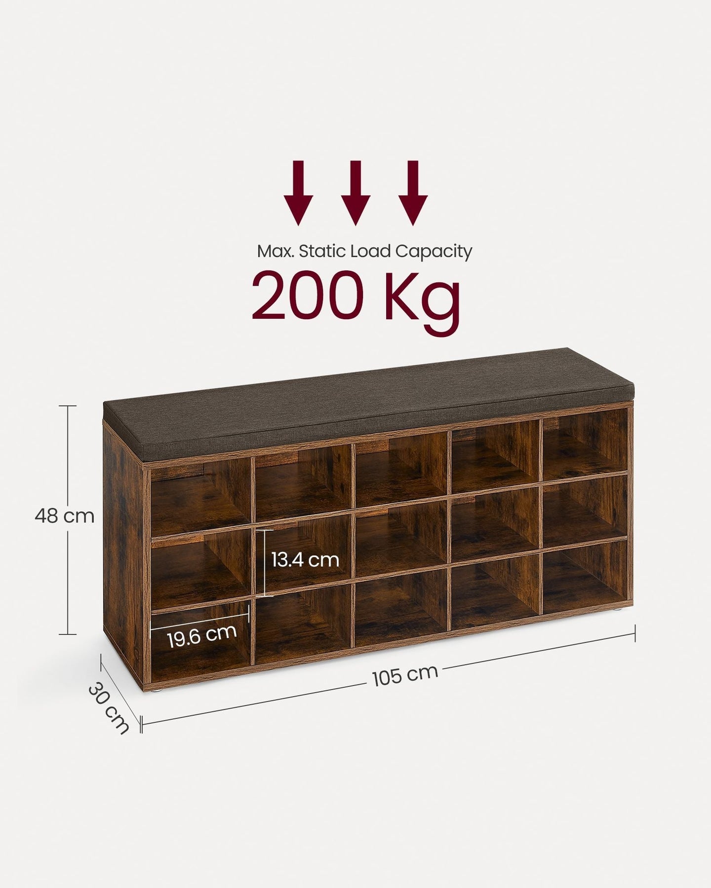 Shoe Rack Bench - Engineered Wood - Rustic and Caramel Brown - 15 Open Storage Compartments with Cushion