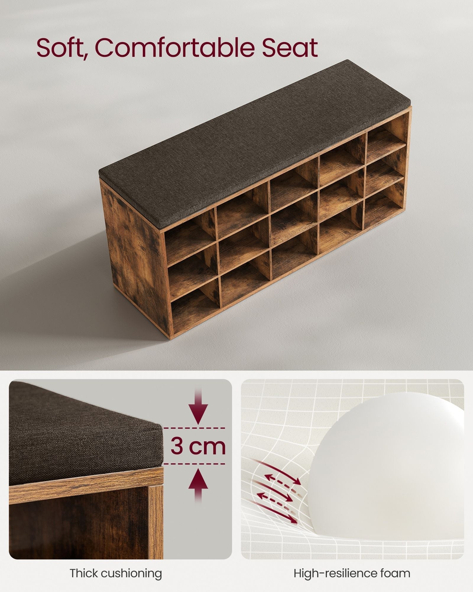 Shoe Rack Bench - Engineered Wood - Rustic and Caramel Brown - 15 Open Storage Compartments with Cushion
