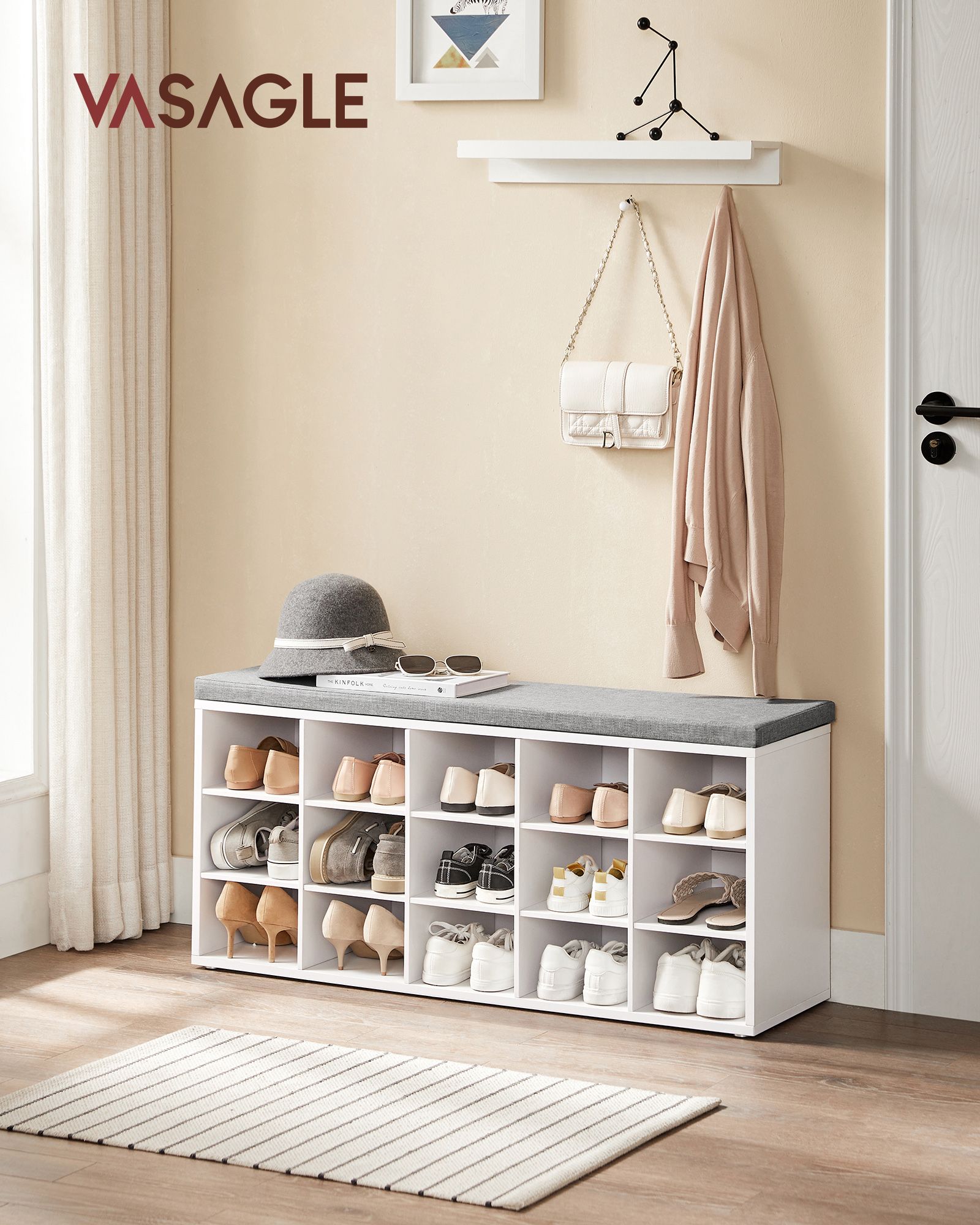 Shoe Rack - Wood and Foam - White and Dove Grey - with Seat Cloud