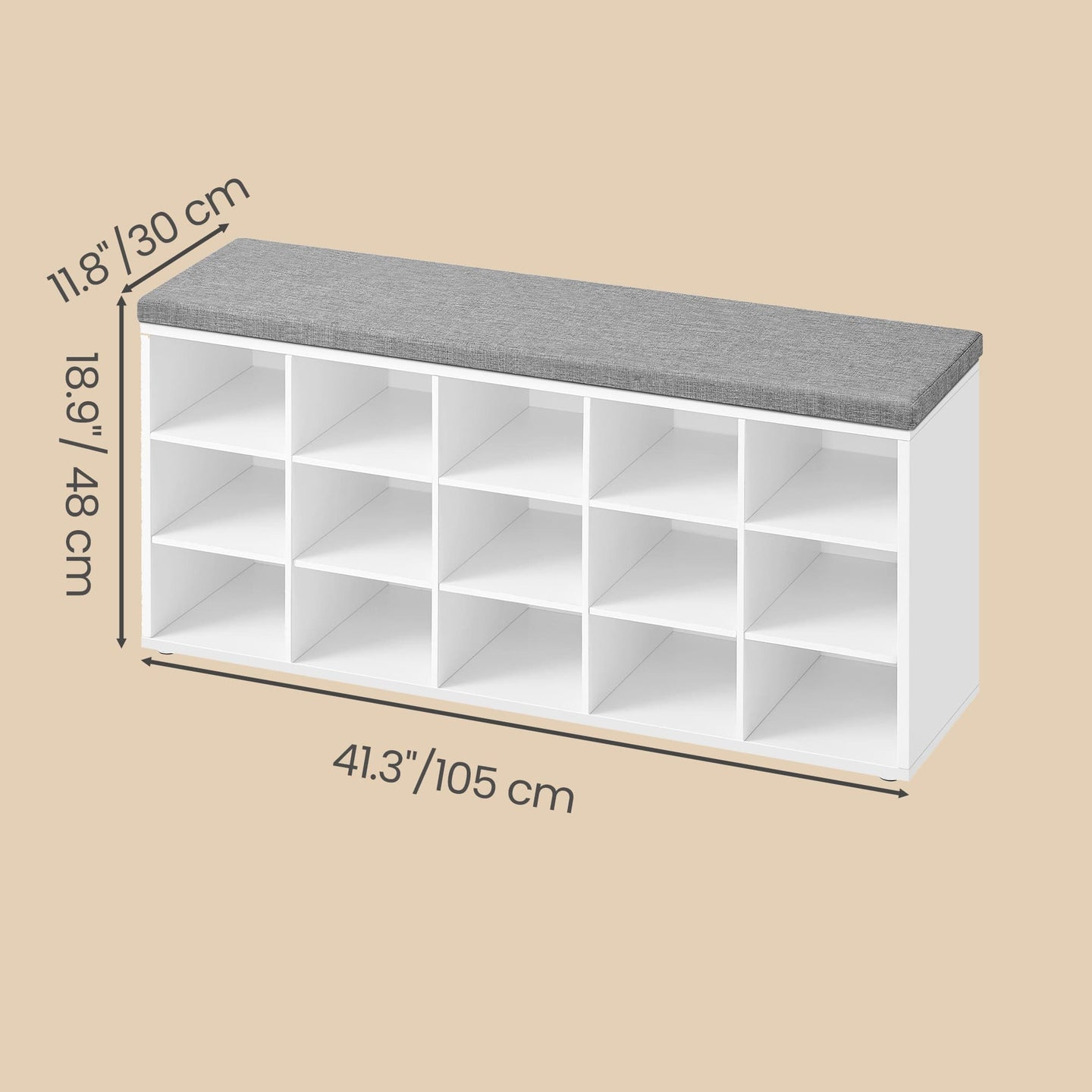 Entryway Storage Bench - 15 Open Compartments - Upholstered Fabric - White and Grey