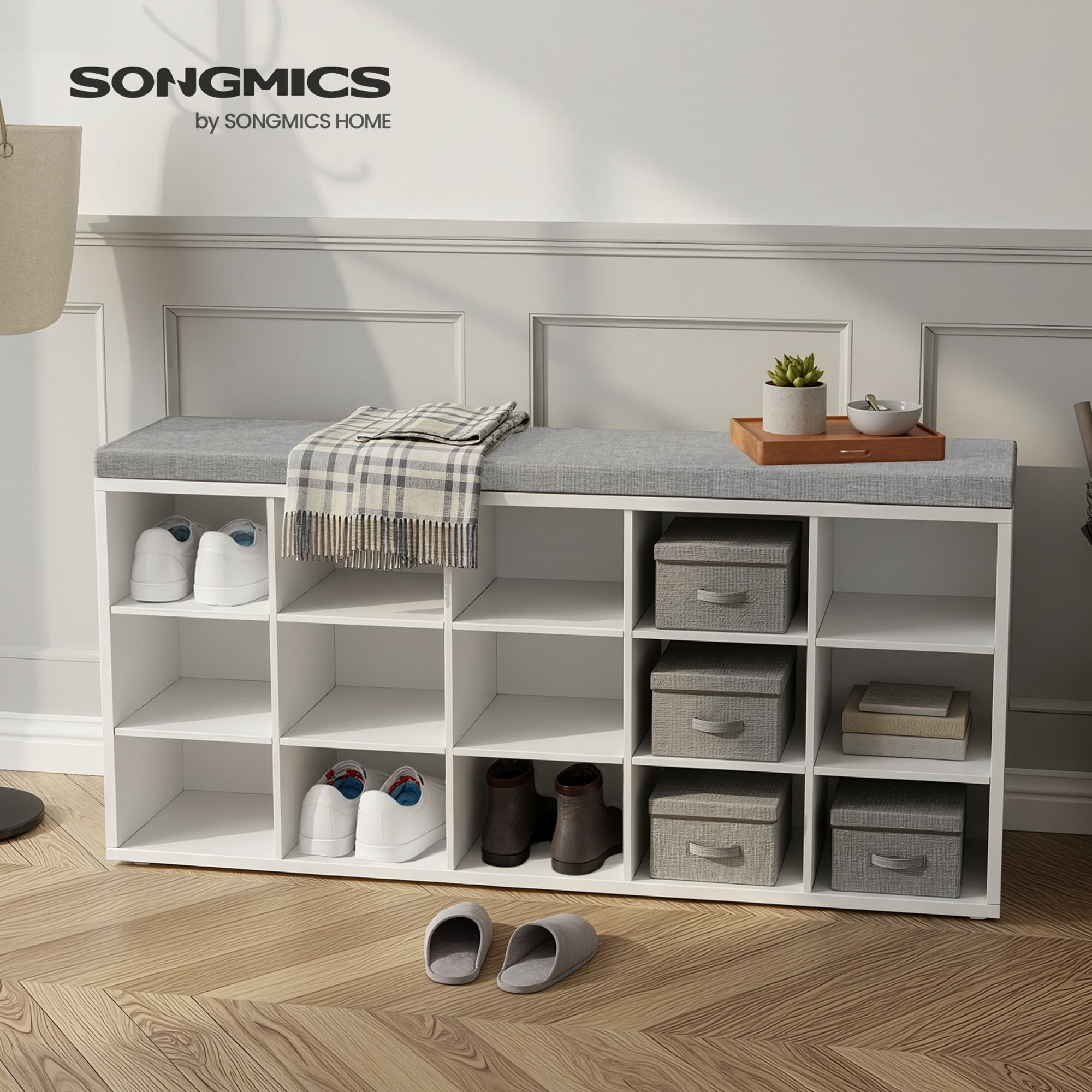 Entryway Storage Bench - 15 Open Compartments - Upholstered Fabric - White and Grey