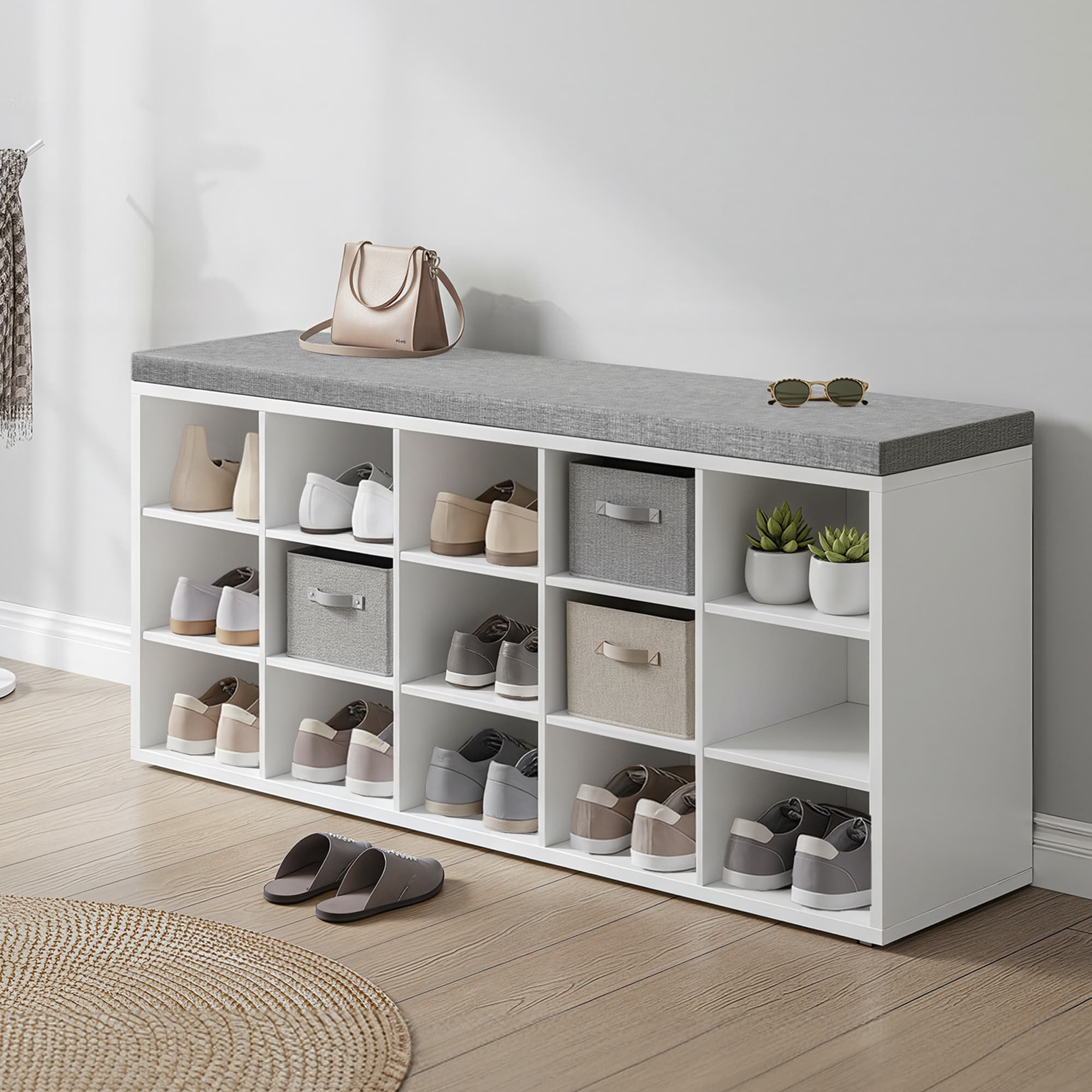 Entryway Storage Bench - 15 Open Compartments - Upholstered Fabric - White and Grey