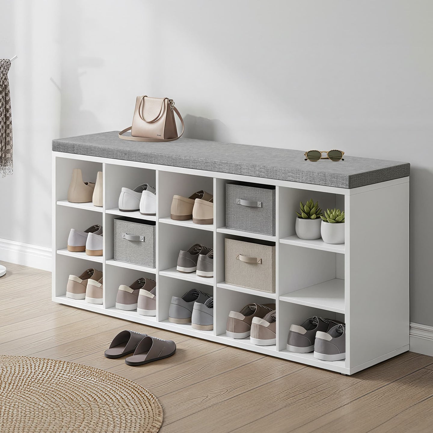 Entryway Storage Bench - 15 Open Compartments - Upholstered Fabric - White and Grey