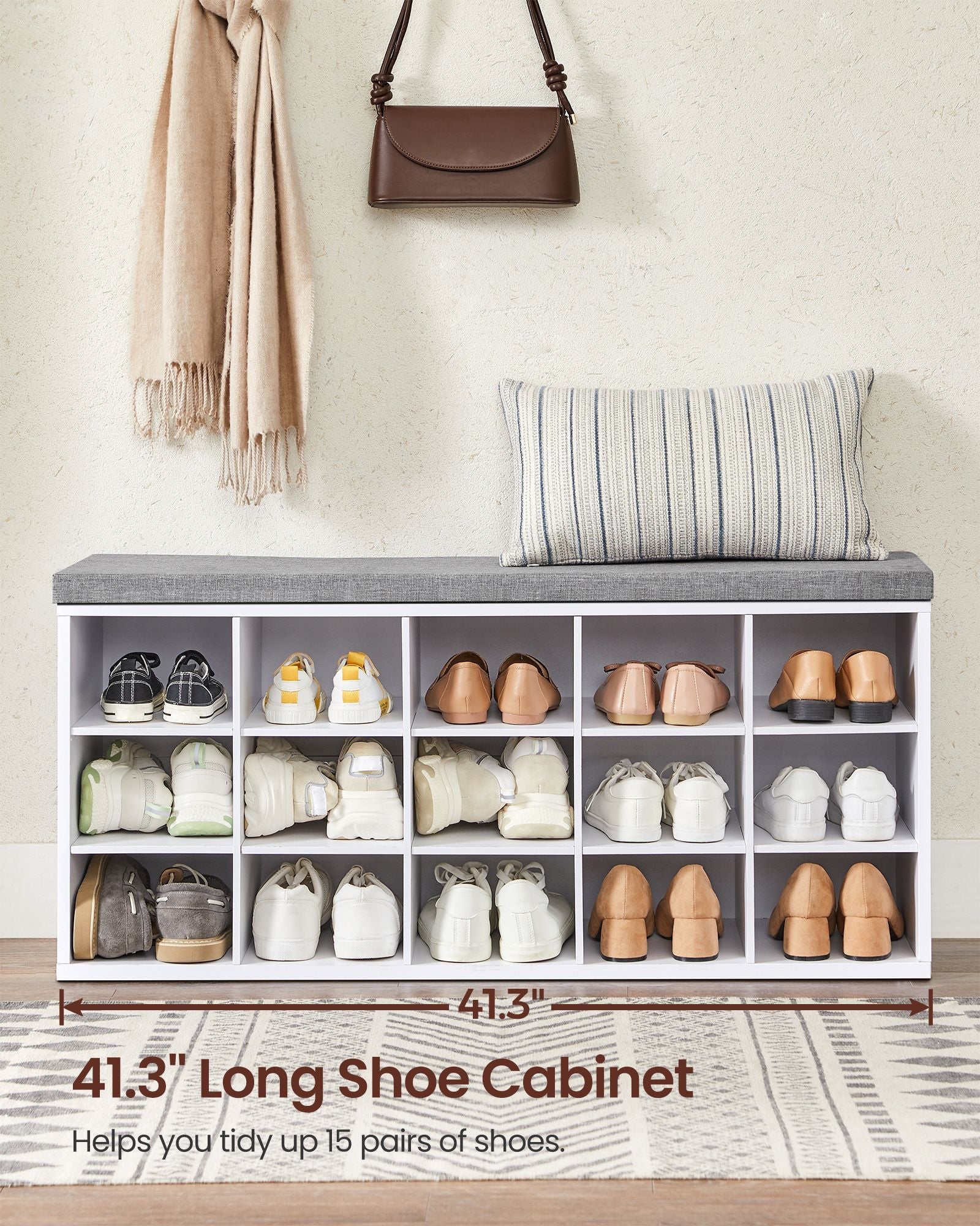 Shoe Rack - Wood - Cloud White - Shoe Bench with Cushion and 15 Open Storage Compartments