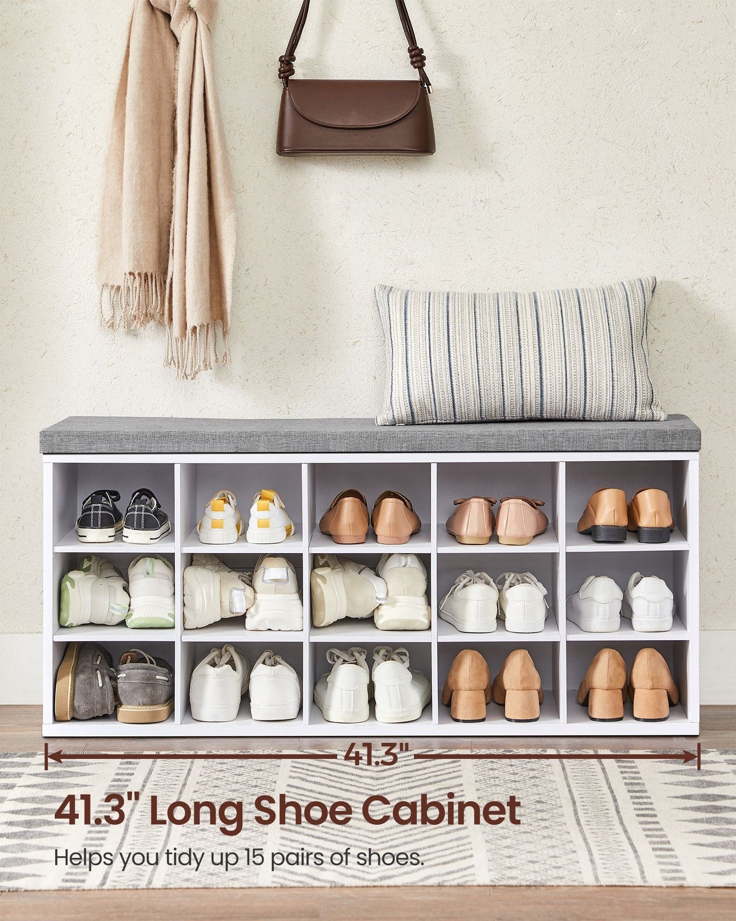 Shoe Rack - Wood - Cloud White - Shoe Bench with Cushion and 15 Open Storage Compartments