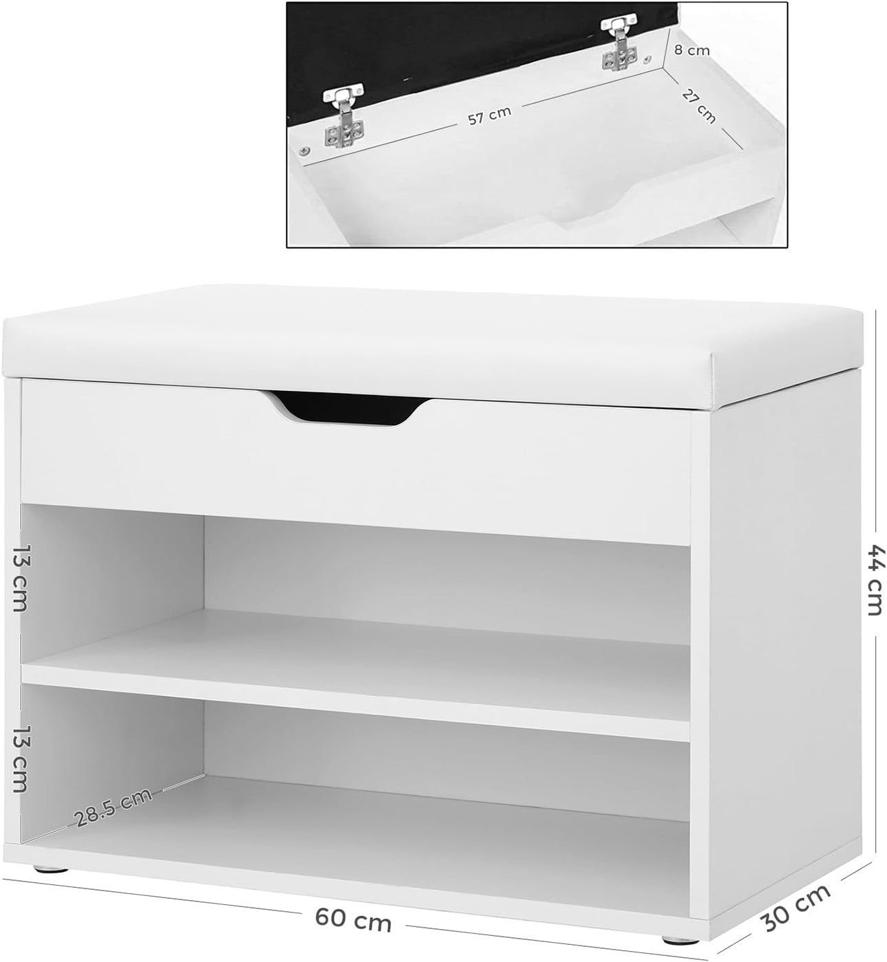 Shoe Bench - Wood - White and Gray - Padded Seat with Storage Compartments