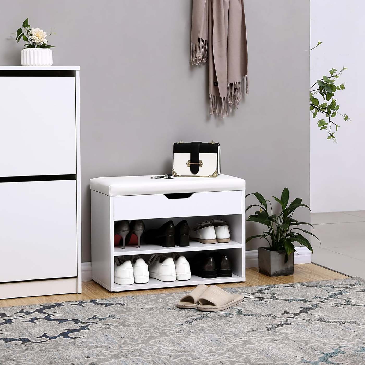 Shoe Bench - Wood - White and Gray - Padded Seat with Storage Compartments