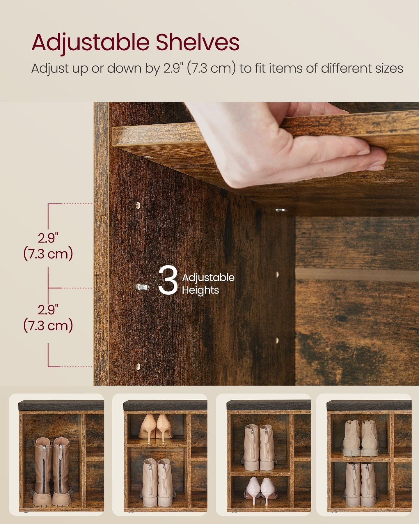 Shoe Storage Bench - Engineered Wood - Rustic Brown - Padded Seat with 4 Compartments and 2 Adjustable Shelves
